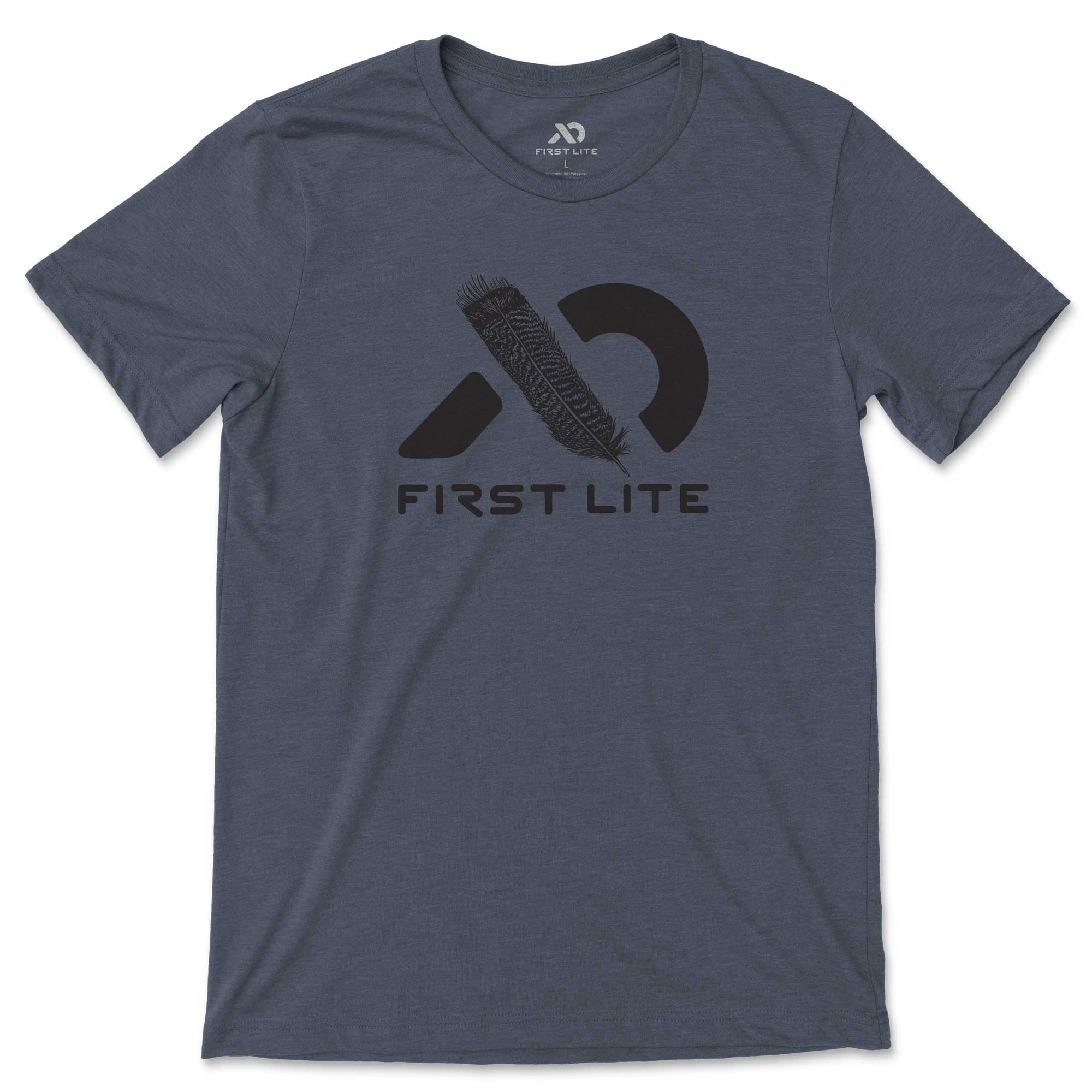 Heathered slate blue t-shirt with black feather and First Lite text logo.