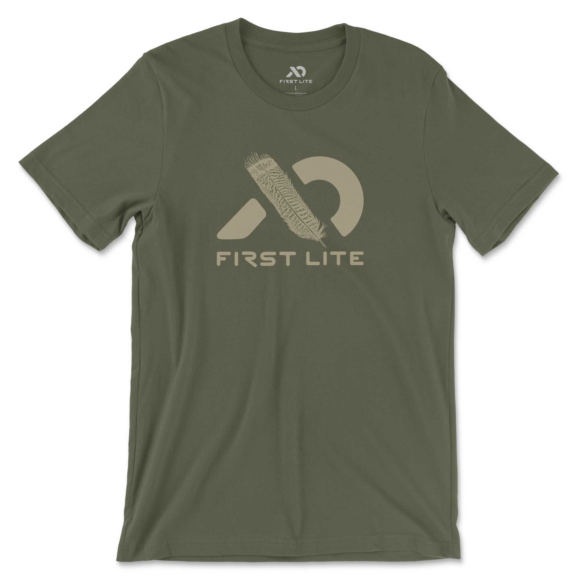 Olive green t-shirt featuring a tan feather design and First Lite text.