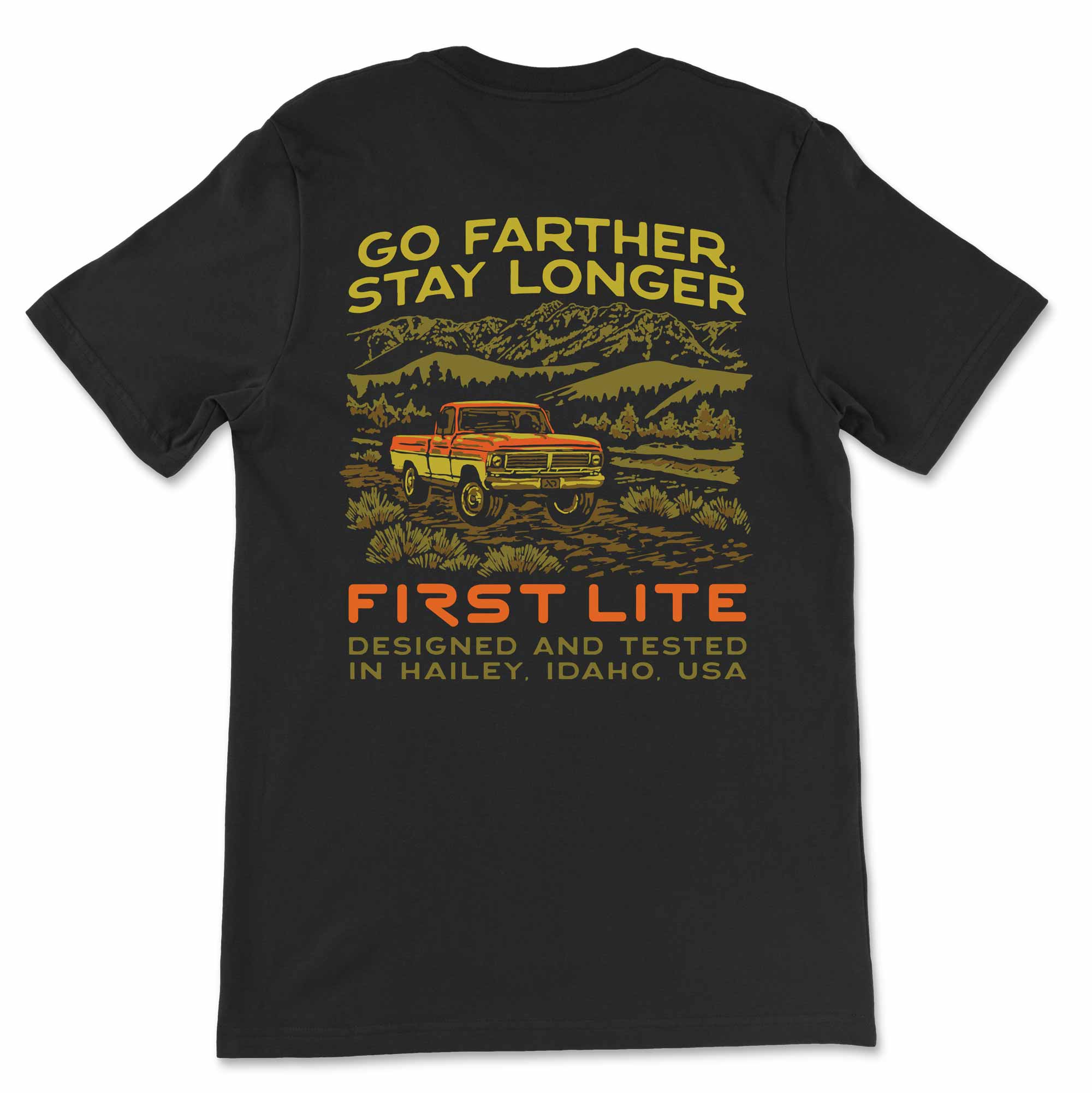 Black t-shirt with graphic design and text on a white background