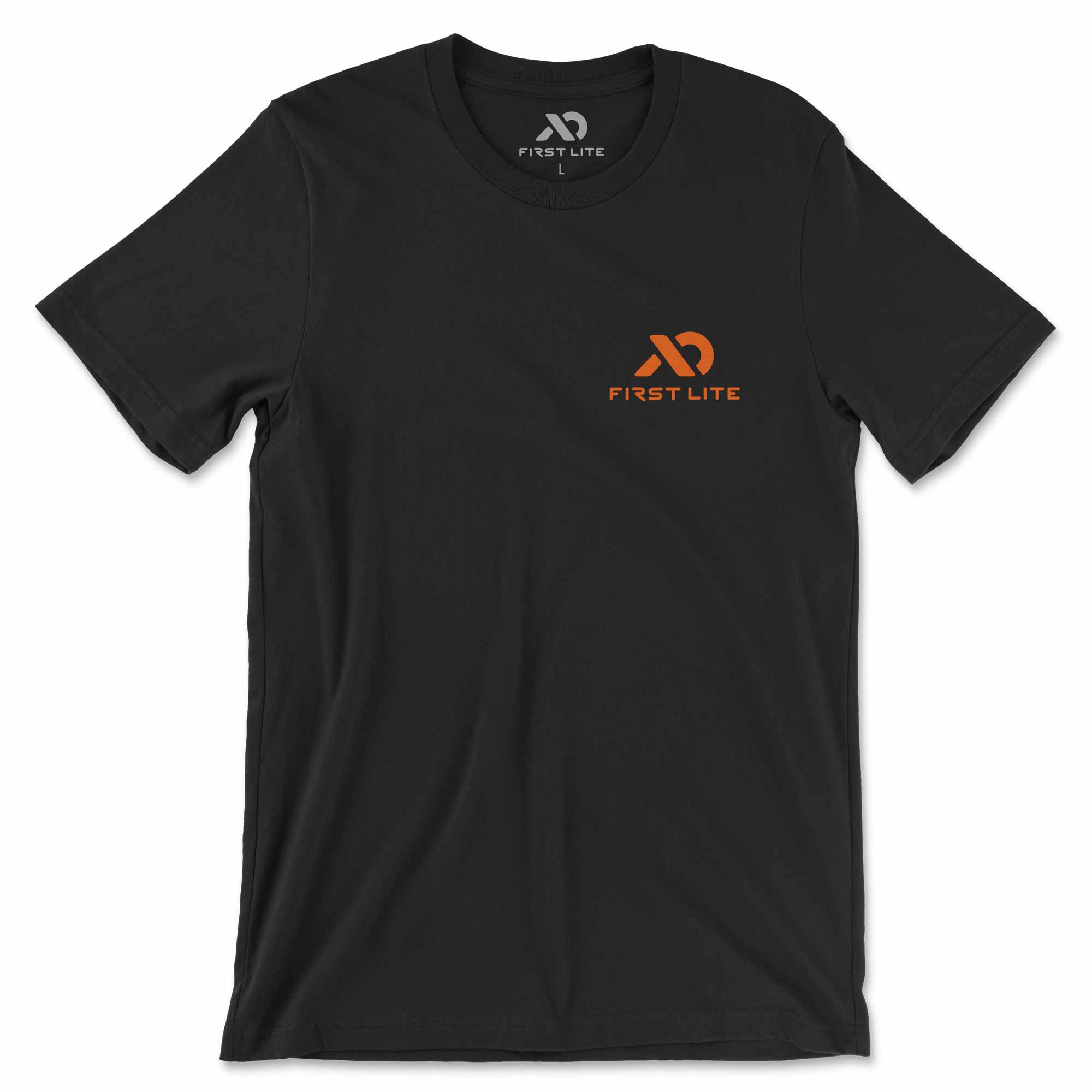 Black t-shirt with First Lite logo on a white background