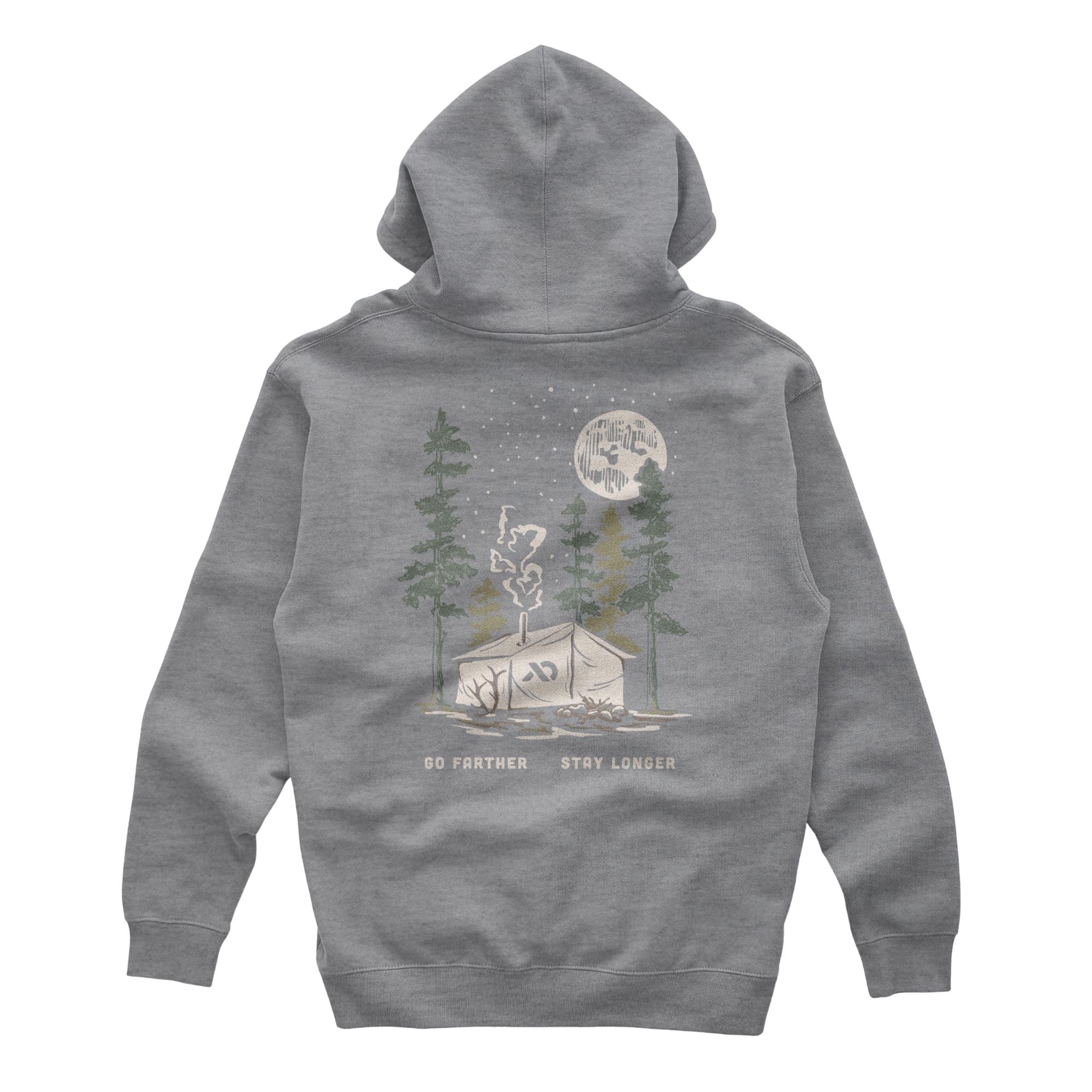 Grey hoodie with a white camping tent, green trees to the sides and a moon with stars on top and text "GO FARTHER STAY LONGER" below