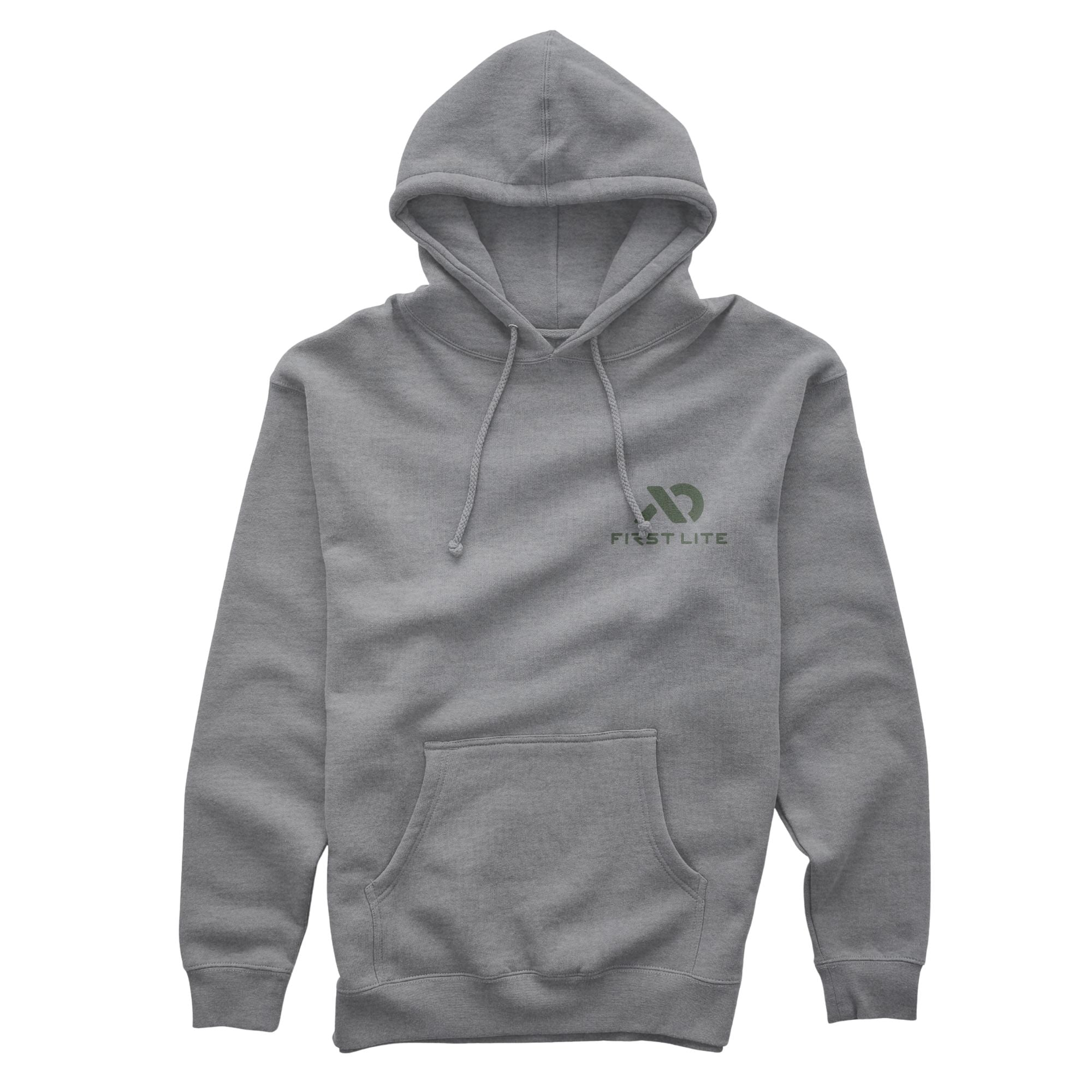Grey hoodie with a green logo and "FIRST LITE" on the left chest, a hood with drawstrings, and a kangaroo pocket.