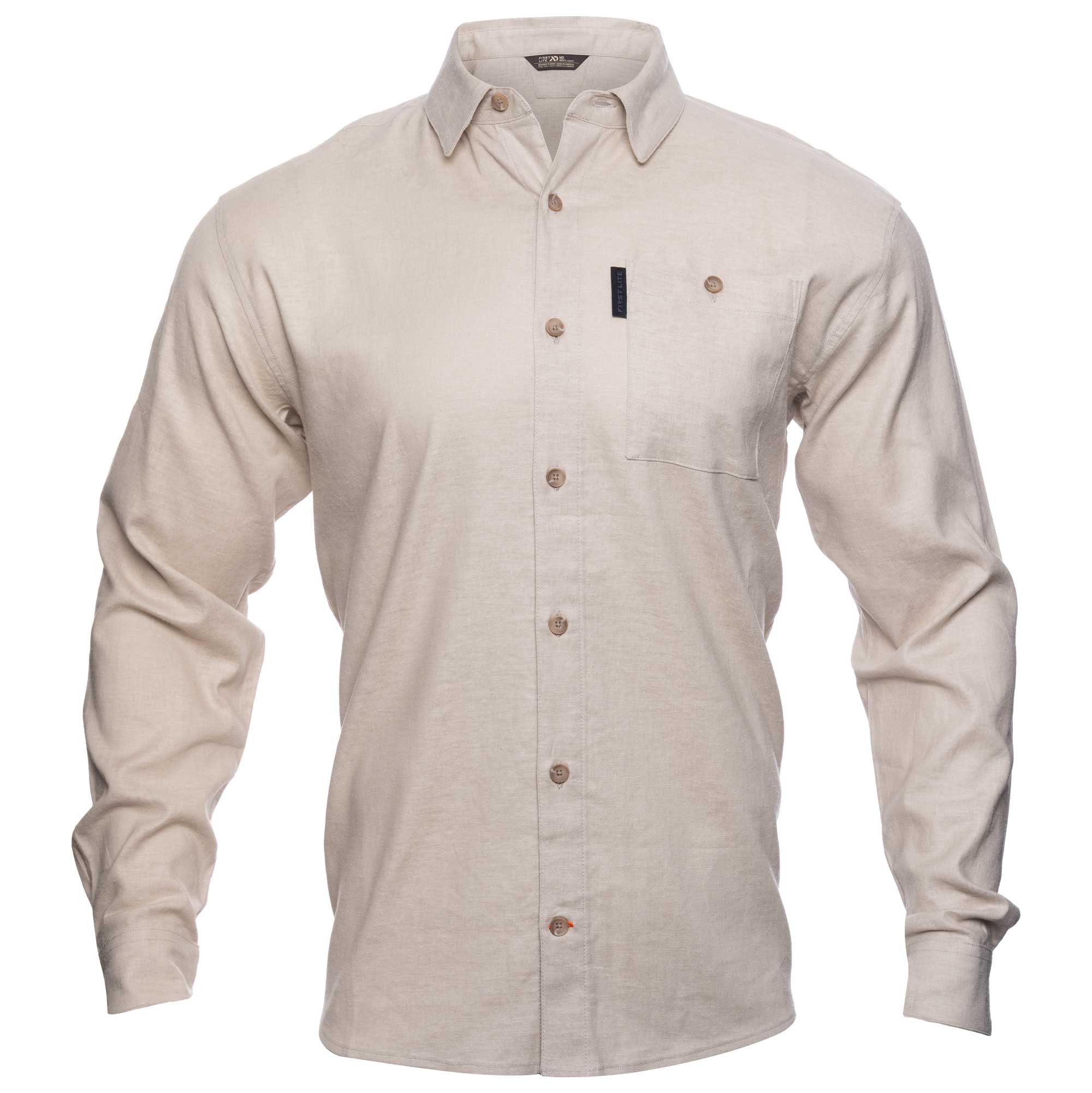 Beige button-up shirt on a white background