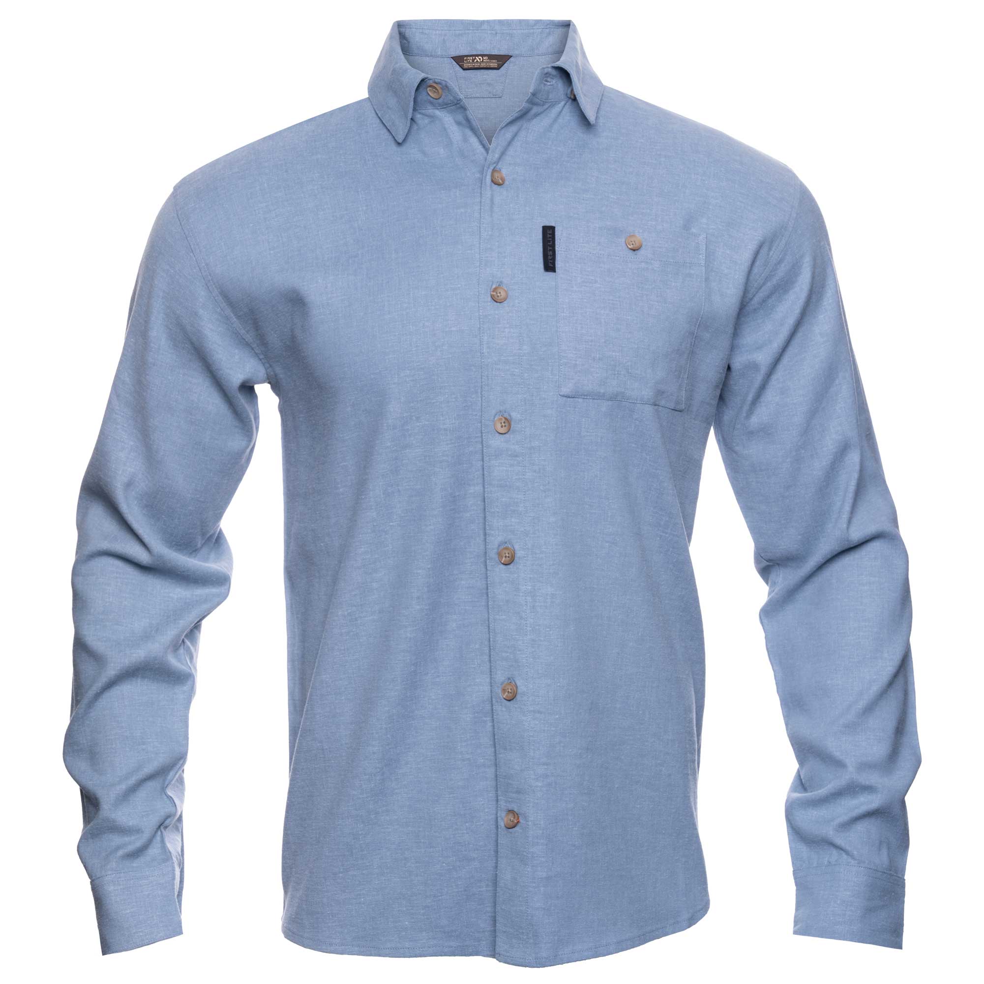 Light blue button-up shirt on a white background