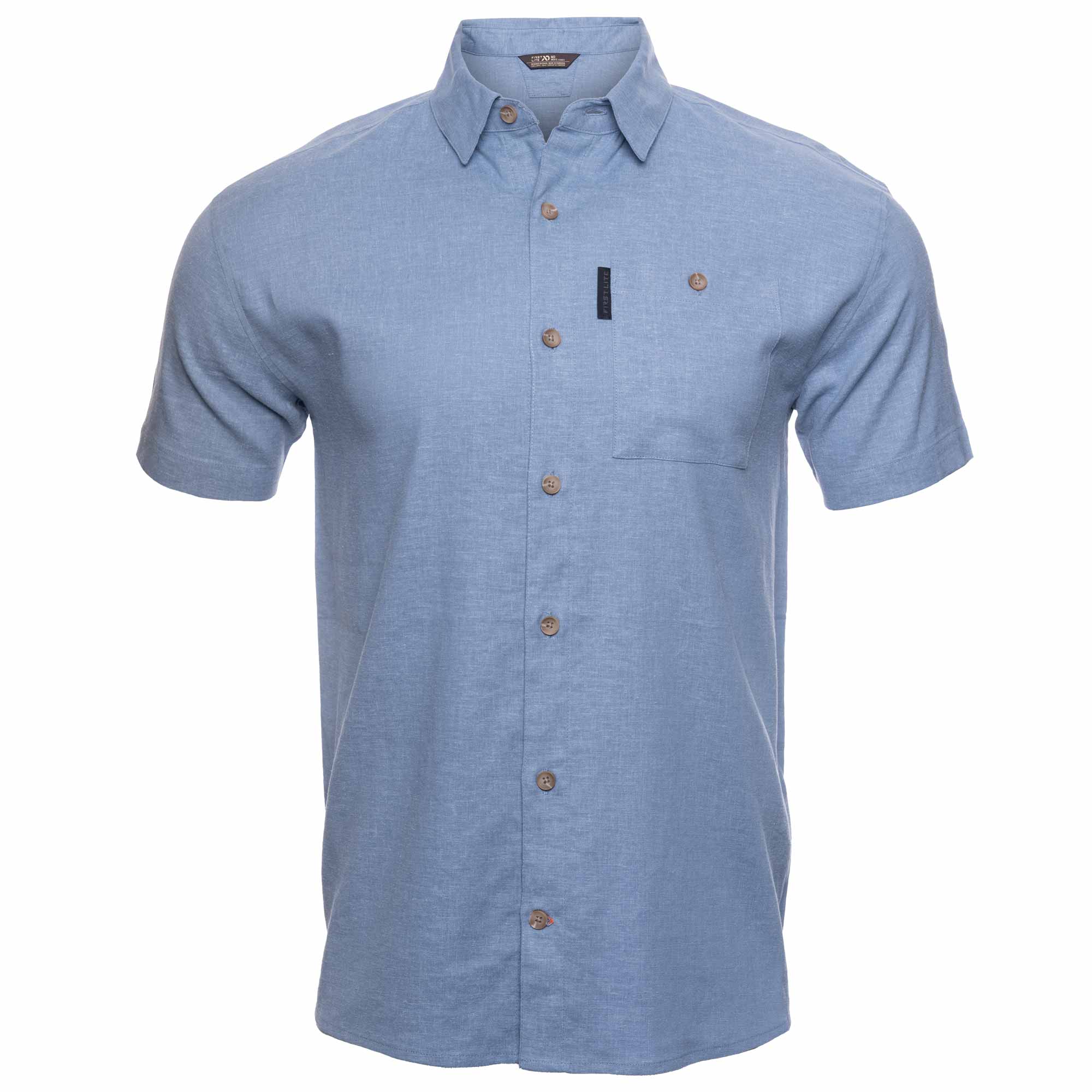 Blue short-sleeve shirt with buttons on a white background