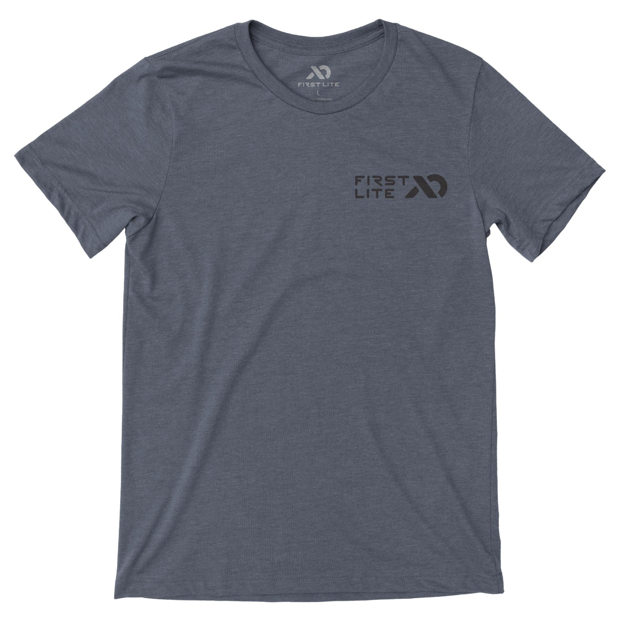 Slate grey t-shirt with a black 'FIRST LITE' logo on the left chest