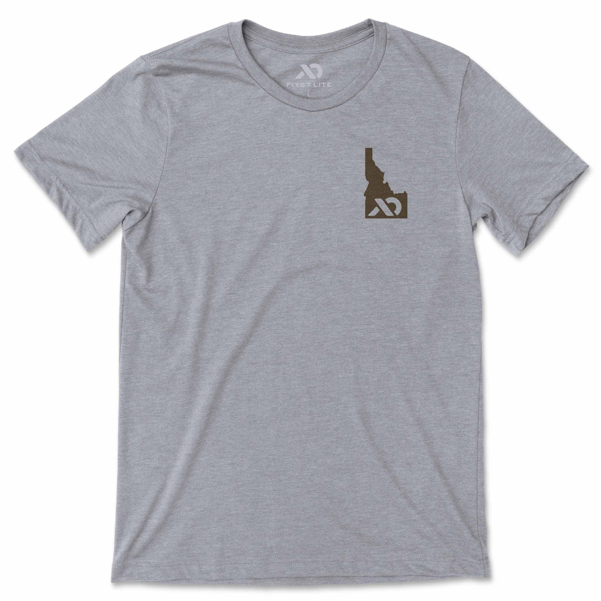 Gray t-shirt with Idaho outline logo on a white background
