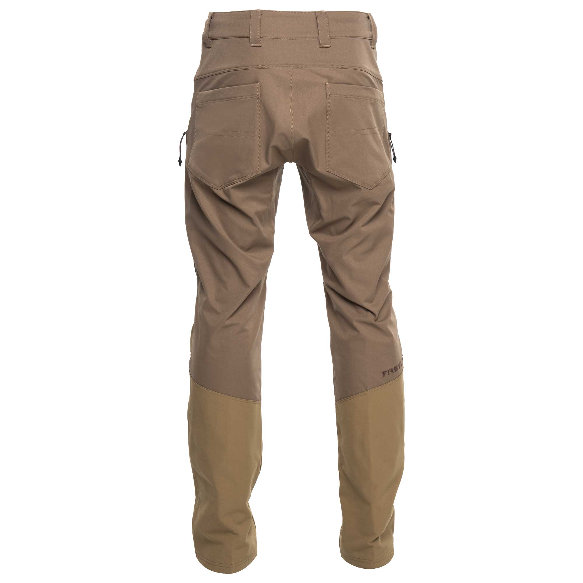 A pair of outdoor pants shown from the back, featuring a tan upper body and contrasting brown knee panels, photographed against a solid white background.
