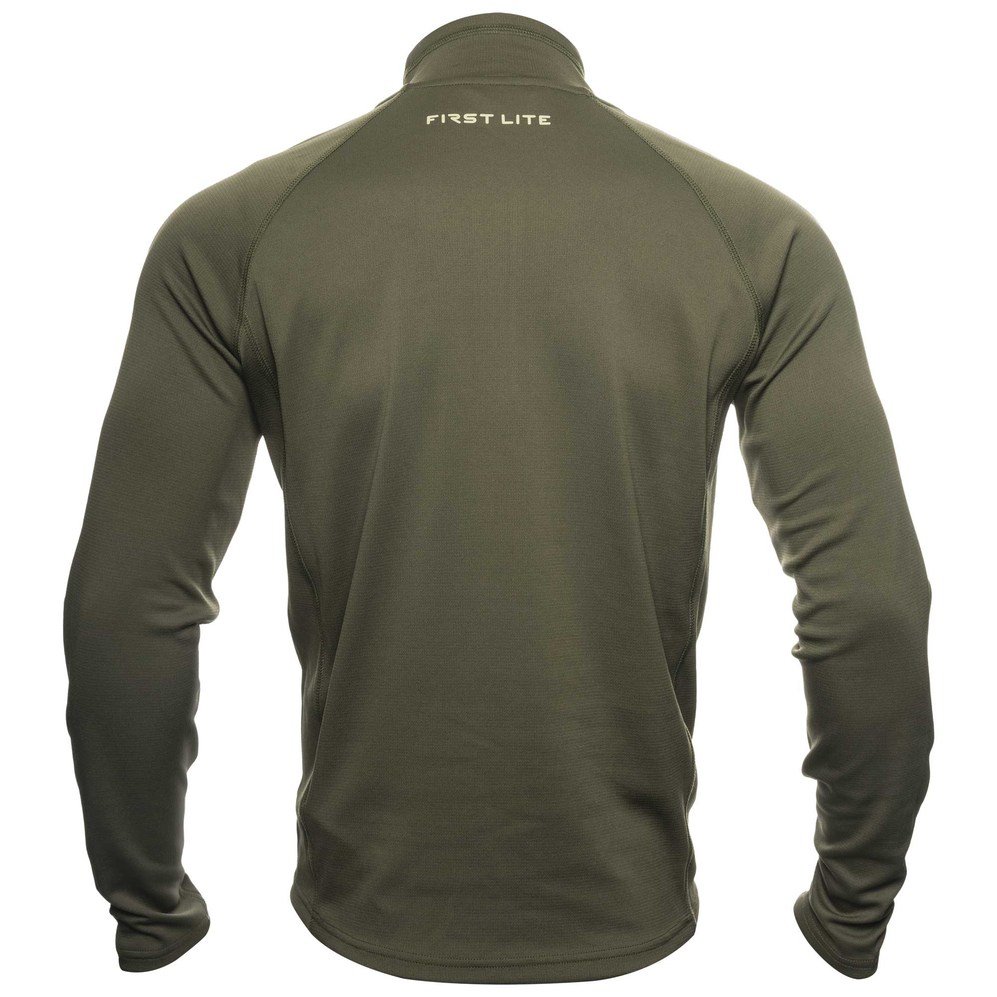 Green long-sleeve quarter zip with 'First Lite' branding on the back against a white background