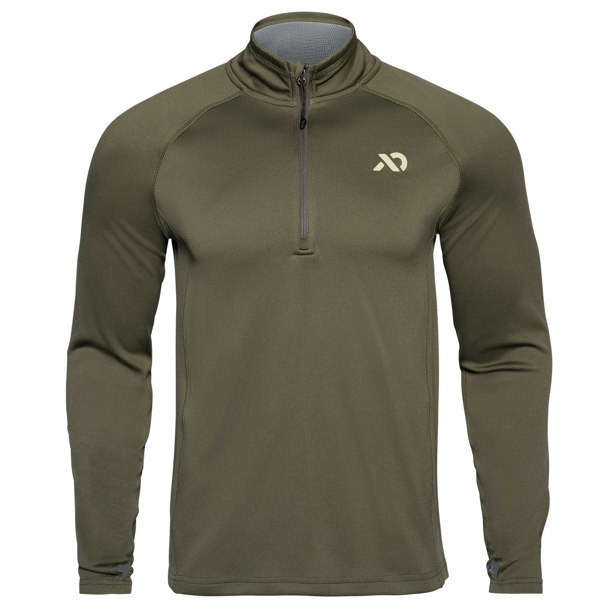 Olive green long-sleeve quarter zip with a First Lite logo on a white background