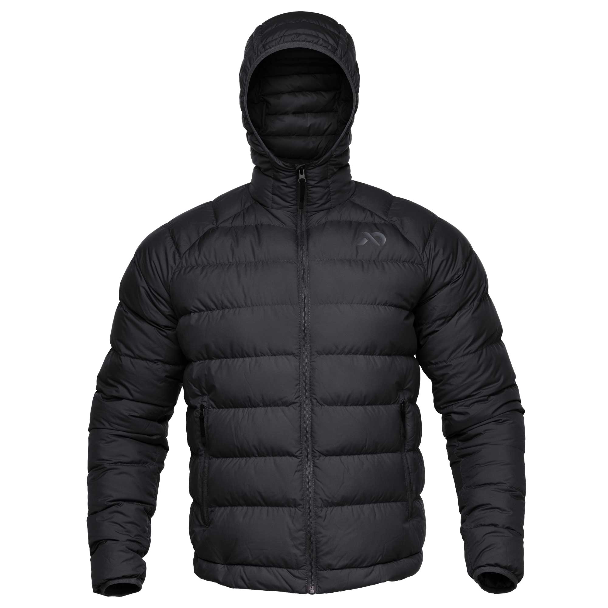 A black hooded puffer jacket with horizontal quilting, shown on a plain white background.