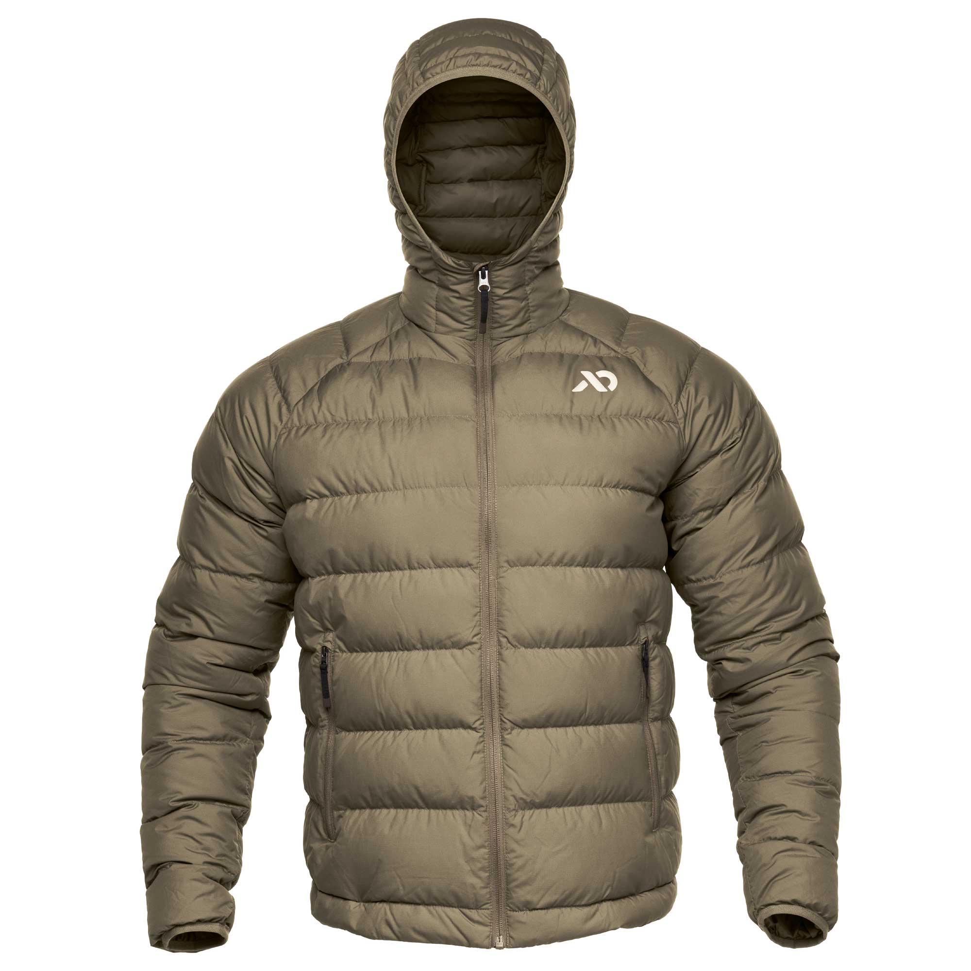 An olive green hooded puffer jacket with horizontal quilting, a full-zip front, and a white stylized logo on the left chest, displayed on a clean white background.
