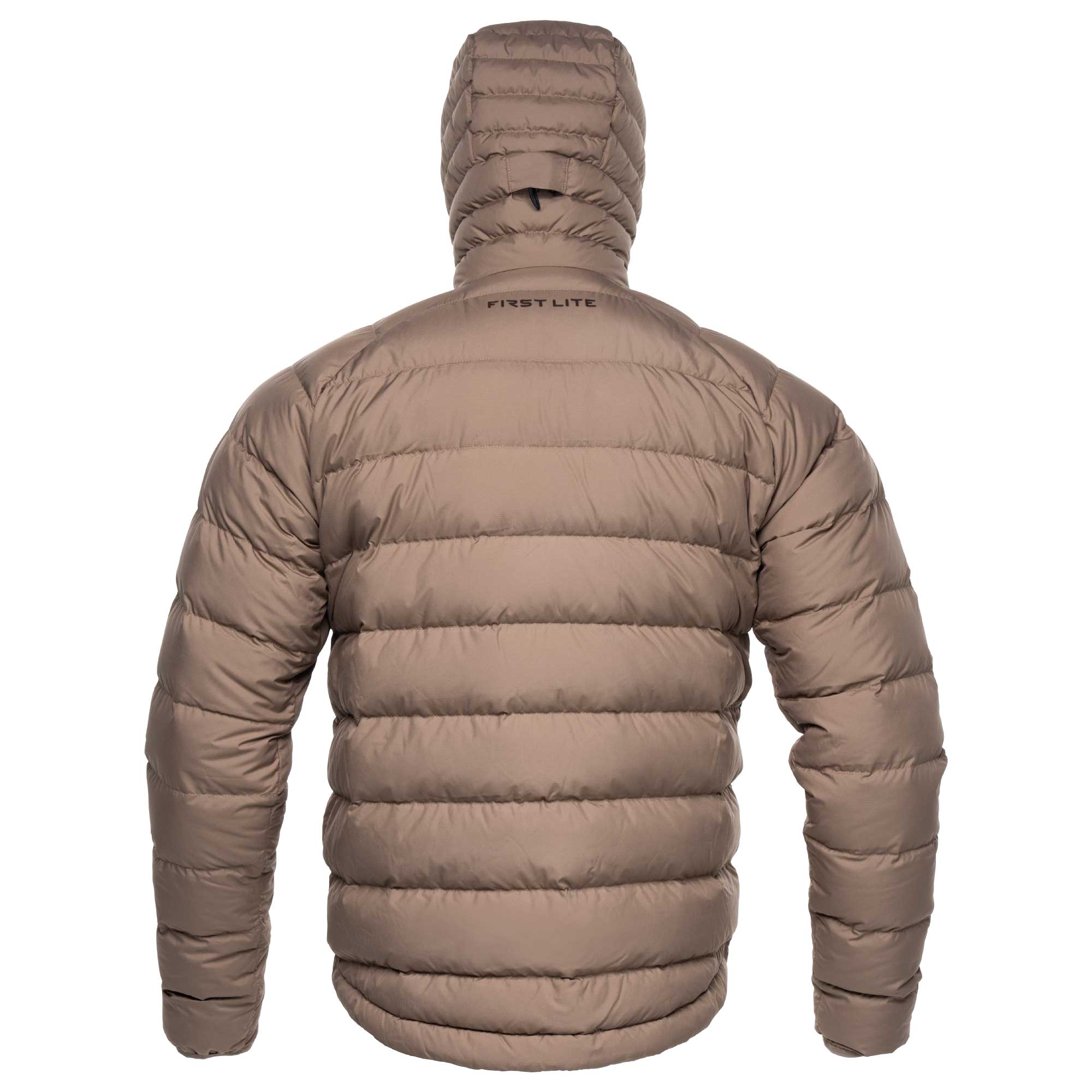 A hooded puffer jacket shown from the back, featuring horizontal quilting and a light brown color, with 'FIRST LITE' printed on the upper back.