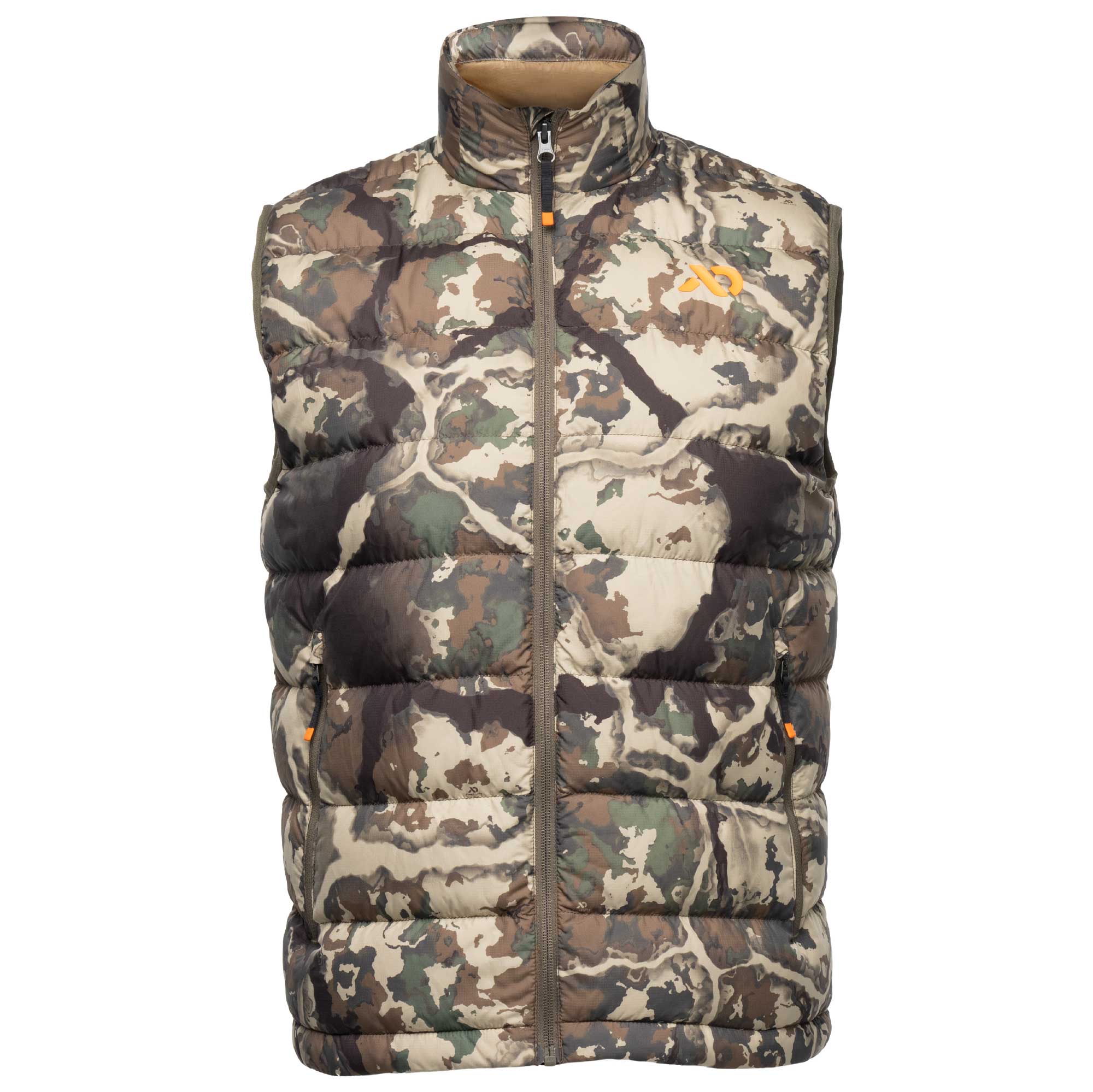 A sleeveless puffer vest with a woodland camouflage pattern in shades of brown, beige, green, and gray, featuring a full-zip front and a small orange logo on the left chest.