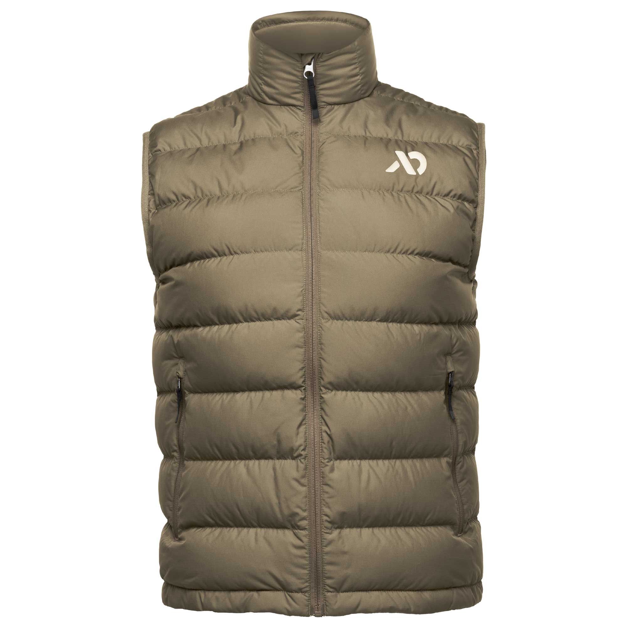 An olive green puffer vest with a high collar and a white stylized logo on the left chest, shown against a plain white background.