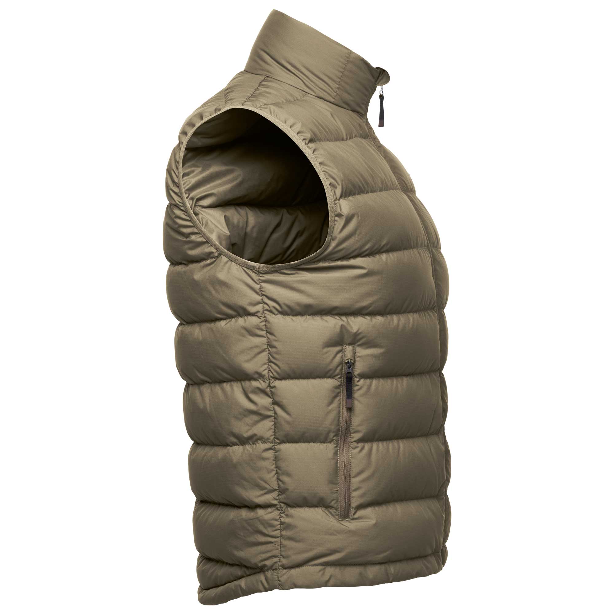 An olive green puffer vest shown from a side profile view against a plain white background.