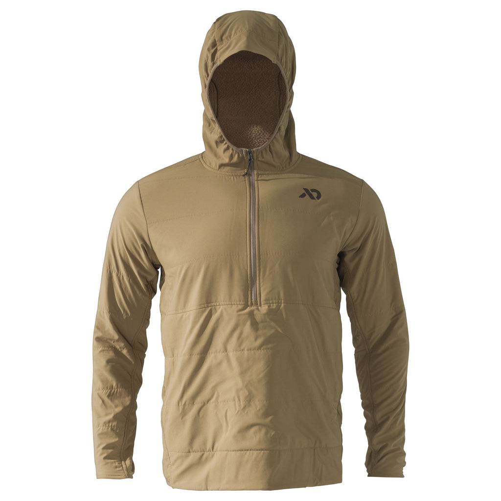 First Lite Navigator Hoody in Dry Earth — adaptive midlayer with scuba hood and 37.5 fleece backer