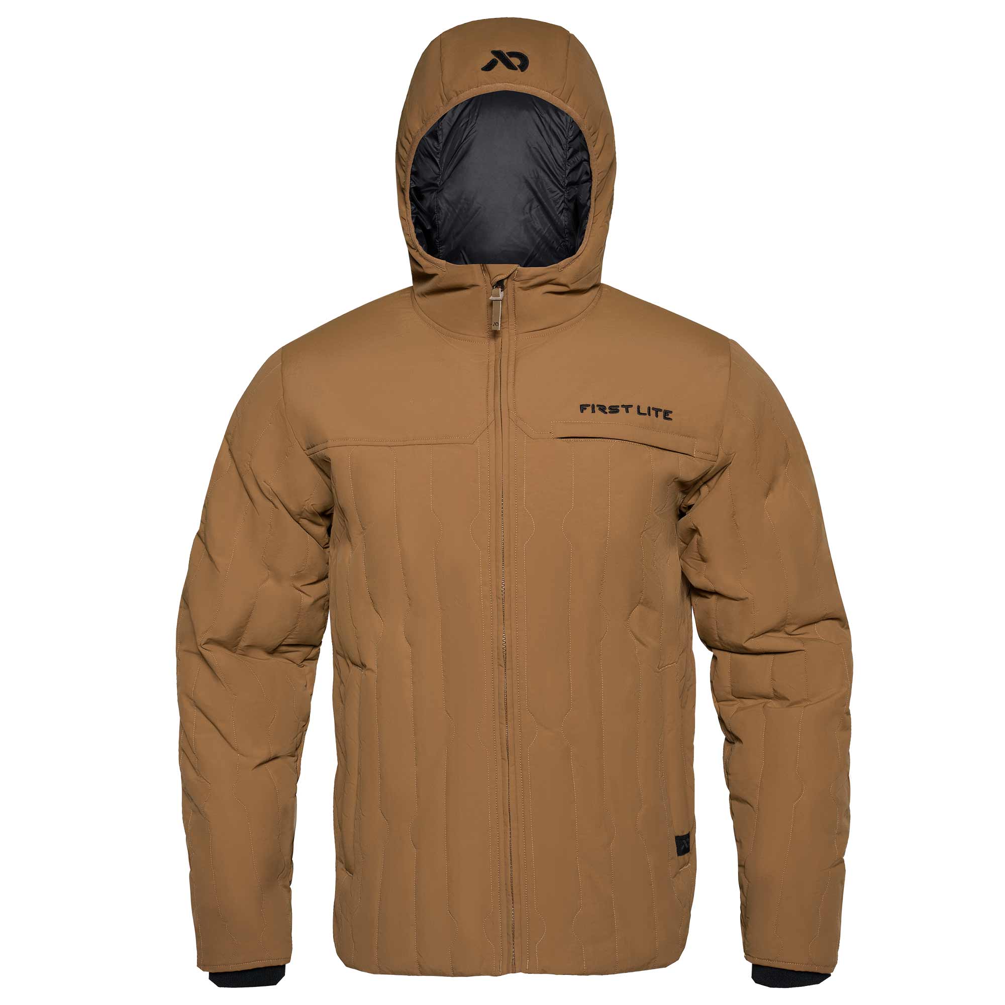 Hooded rust outpost jacket with black cuffs, FIRST LITE branding in the left chest and FIRST LITE logo on the jacket hood.