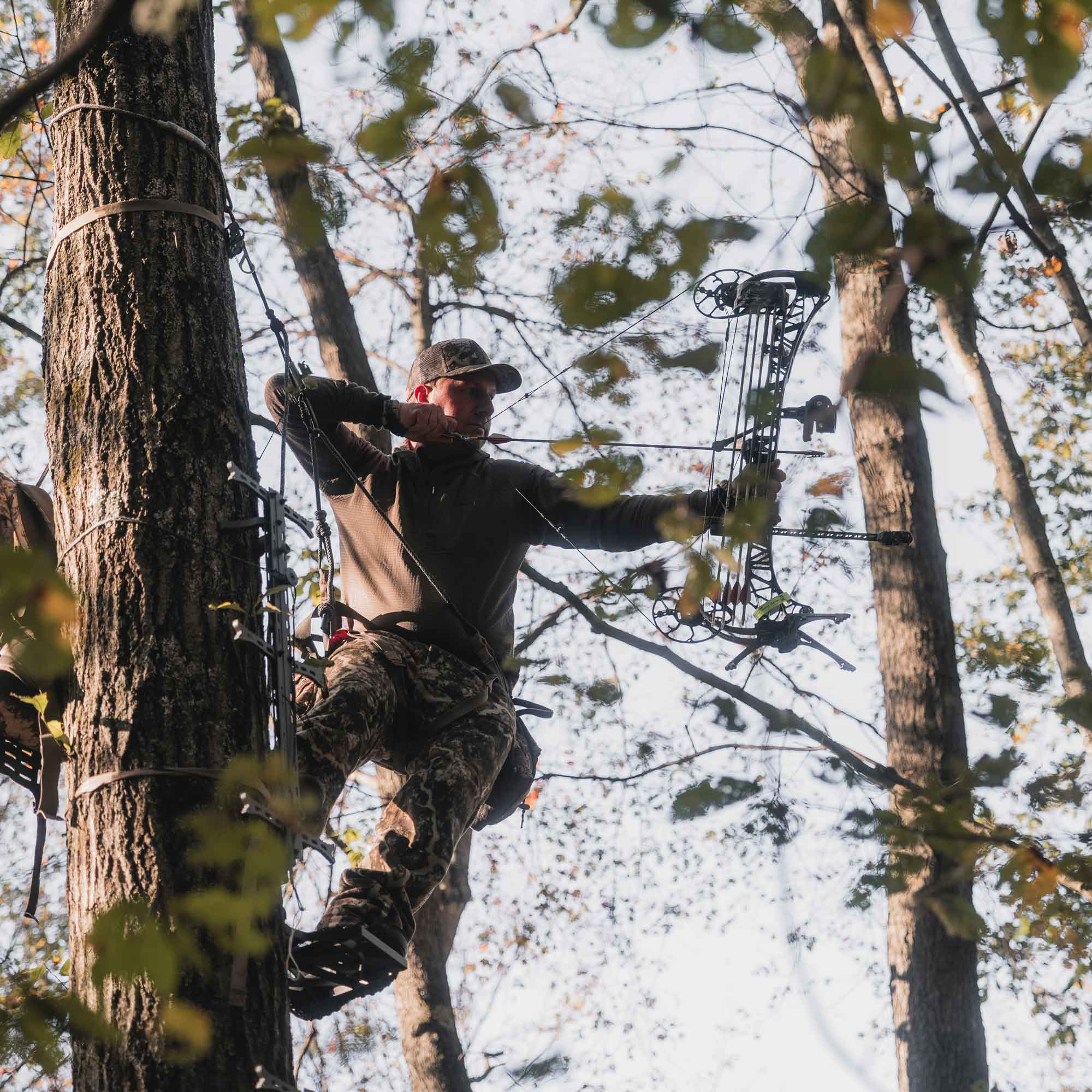 Man wearing a brown shirt and camo pants strapped in a tree aiming an arrow.