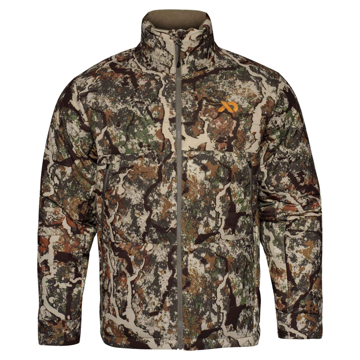 Camo jacket with high neck and an orange FIRST LITE logo on the left chest.