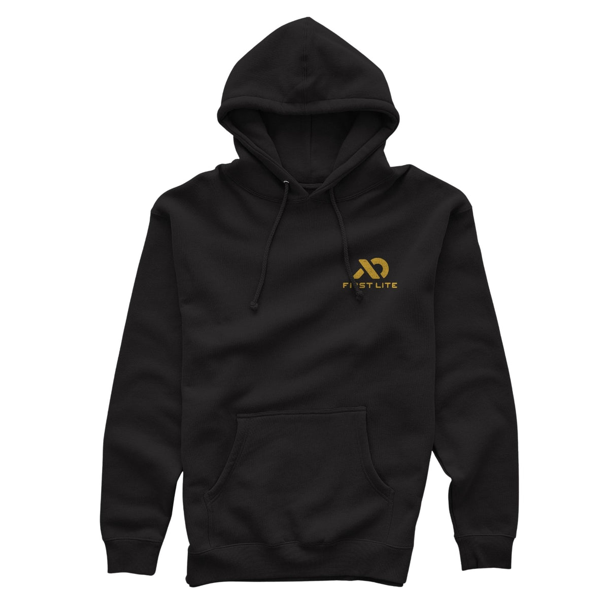 Black hoodie featuring yellow FIRST LITE branding on the left chest, a hood with drawstrings, and a kangaroo pocket.