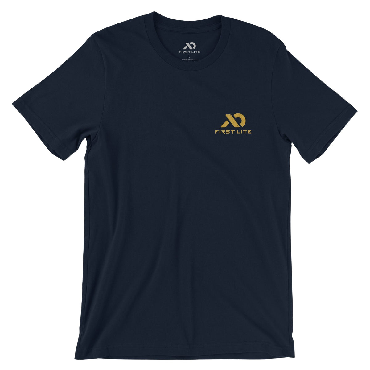 Navy T-shirt featuring yellow FIRST LITE branding on the left chest.