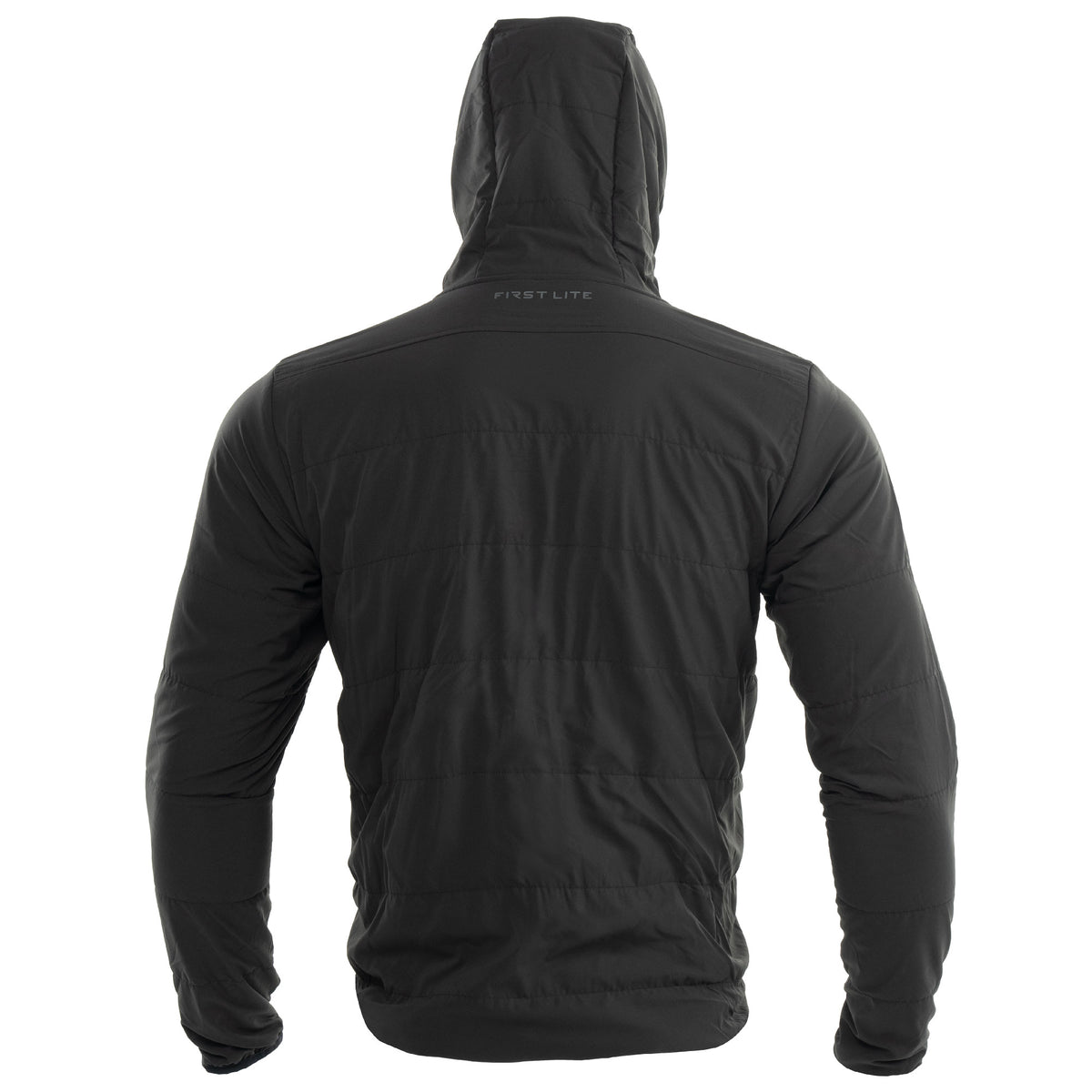 A black hooded puffer jacket shown from the back, featuring horizontal quilting and a subtle 'FIRST-LITE' logo printed on the upper back, set against a plain white background.