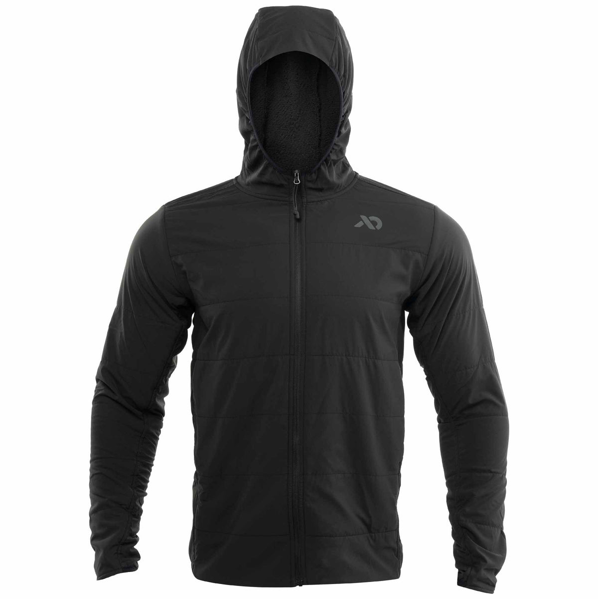 A black hooded full-zip jacket with horizontal quilting on the front, featuring a gray logo on the left chest, displayed on a clean white background.