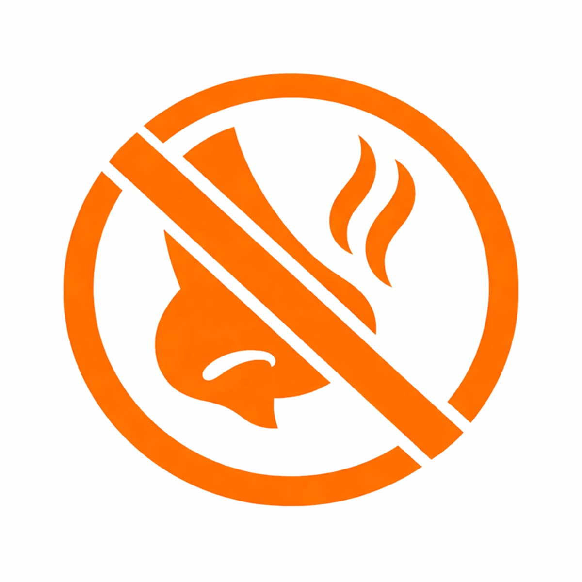 Orange odor-free icon with a nose and wavy smell lines crossed out.
