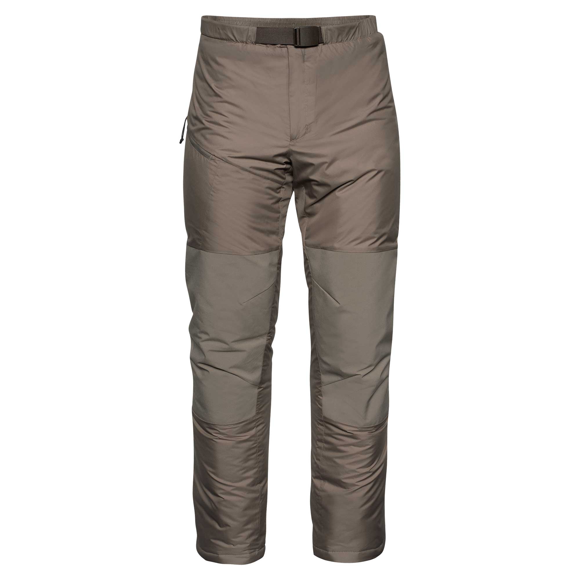 A pair of technical outdoor pants in a muted taupe-brown color, featuring a matching belt and integrated knee panels, shown against a plain white background.