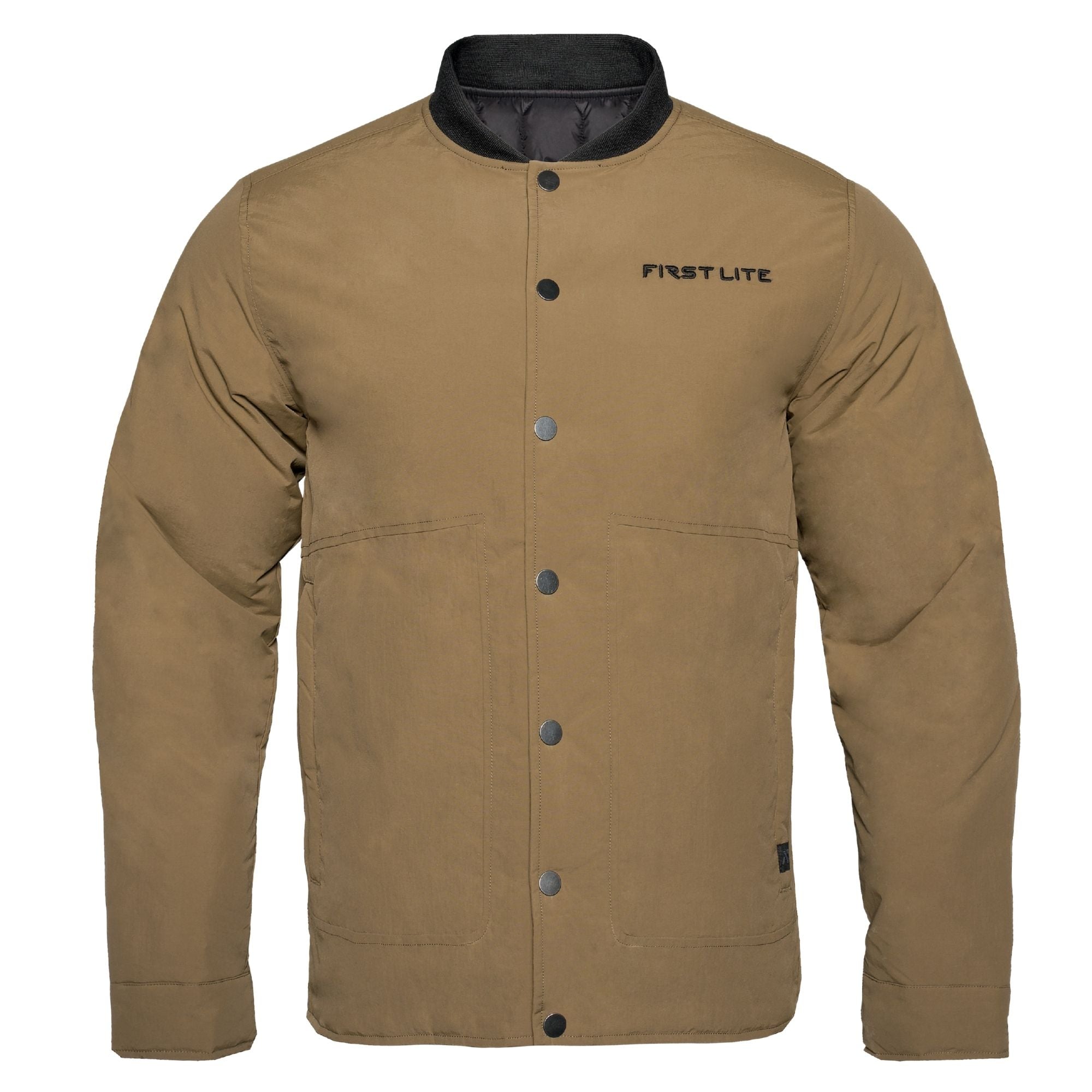 Akern chore coat with black rib-knit collar featuring FIRST LITE in black in the left chest