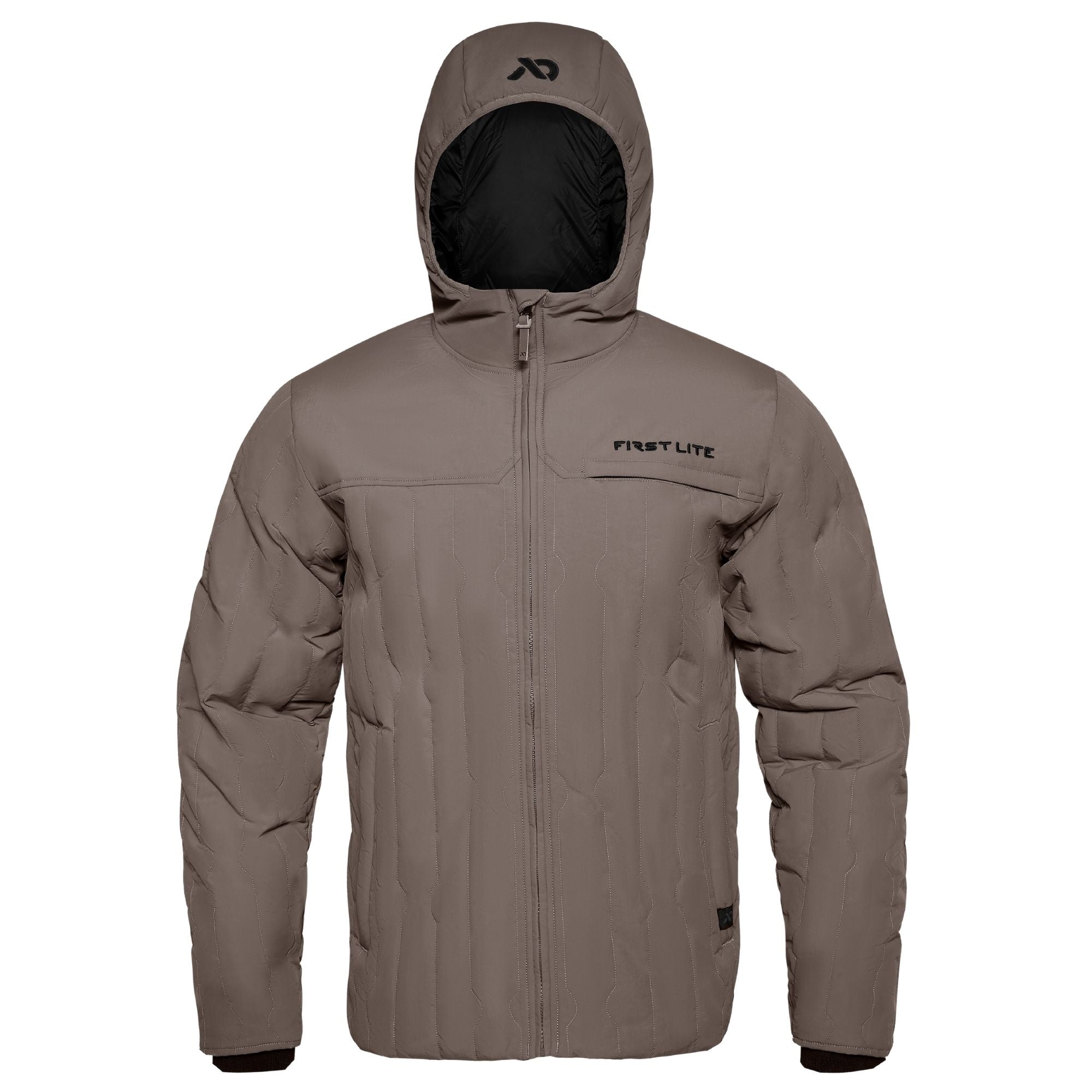 Hooded morel outpost jacket with black cuffs, FIRST LITE branding in the left chest and FIRST LITE logo on the jacket hood.