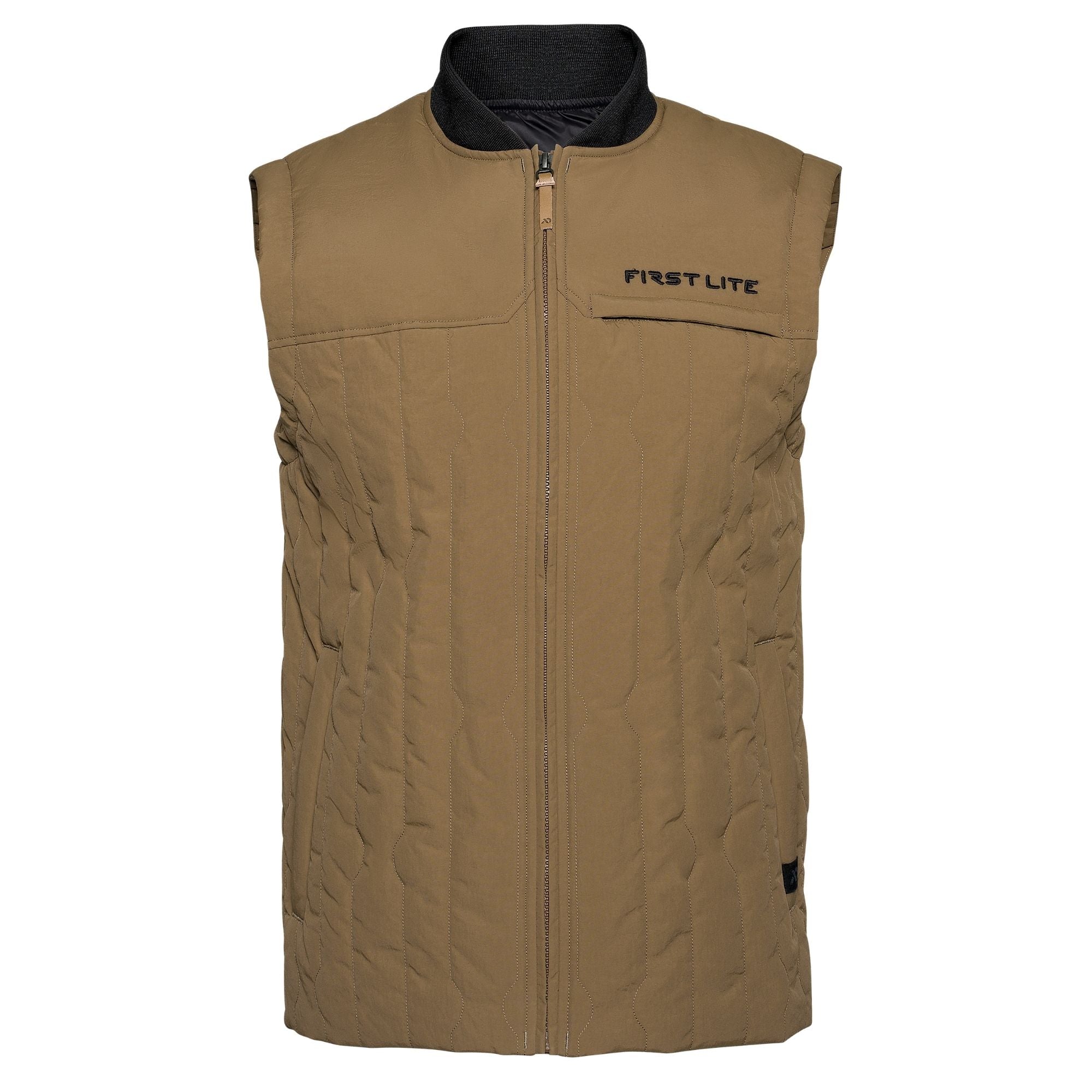Akern outpost vest with a high black collar  and FIRST LITE branding in black in the left chest.