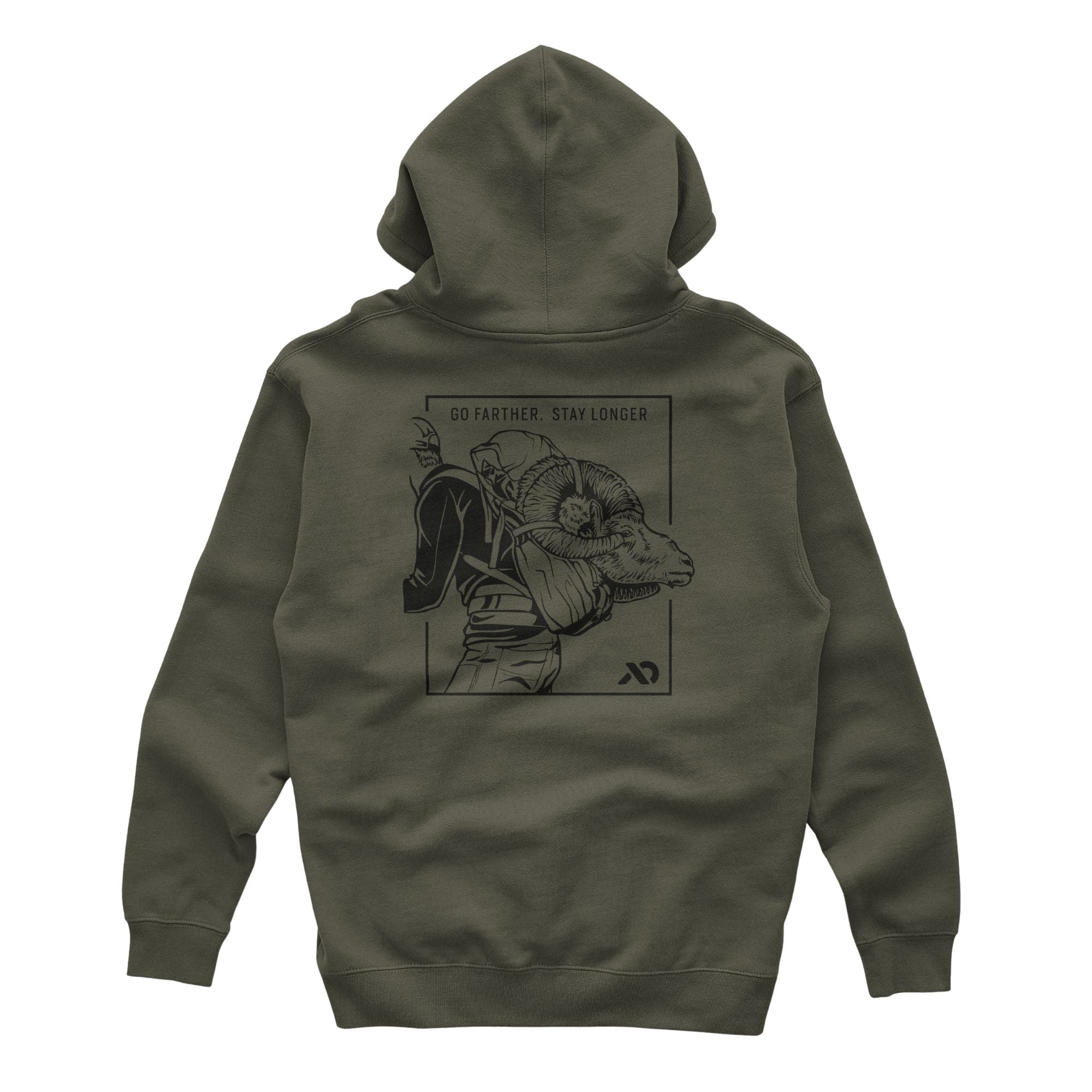 Military green hoodie with a back graphic depicting a person carrying a ram's head in a pack, above the text 'GO FARTHER. STAY LONGER'.