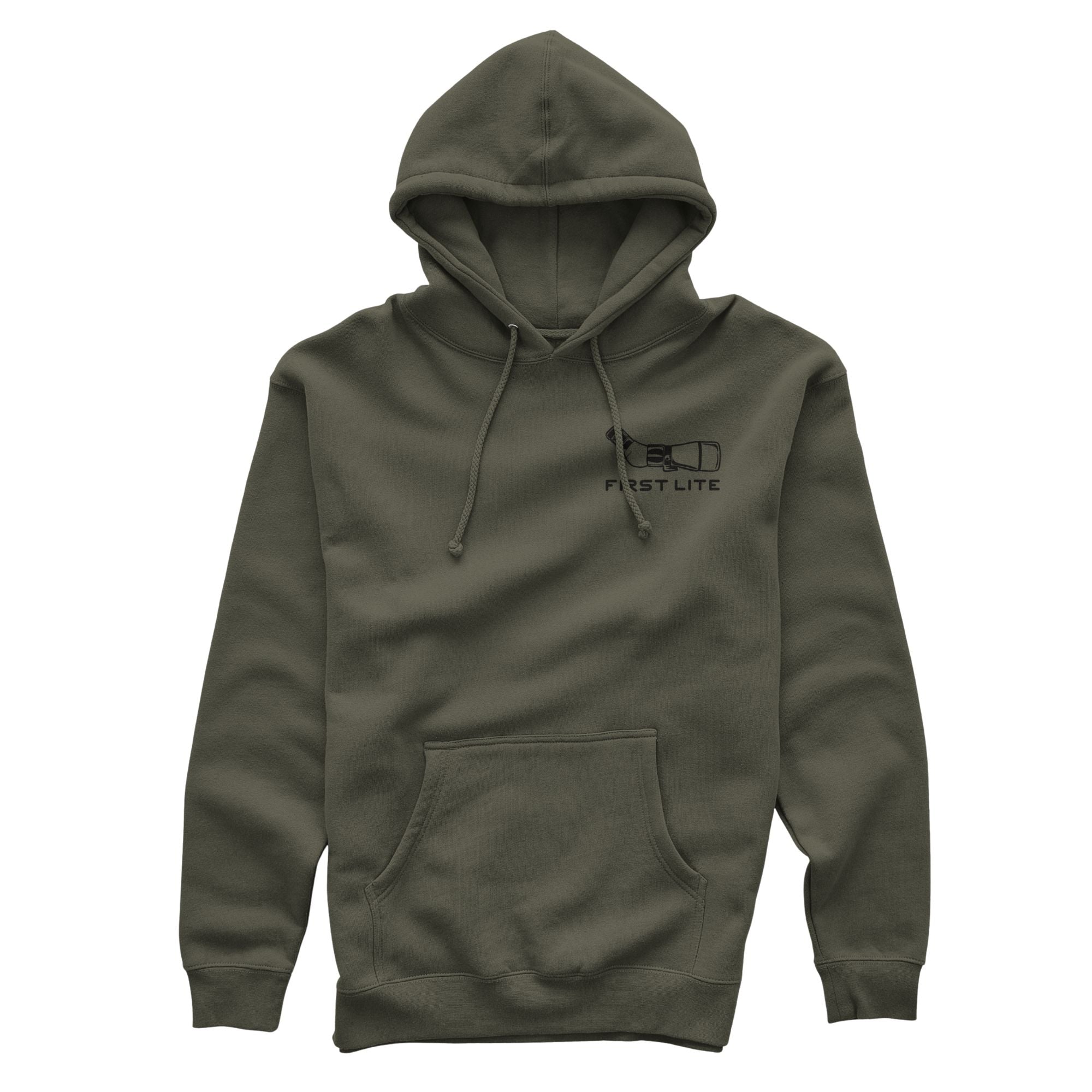 Military green hoodie featuring a hood with drawstrings, a front kangaroo pocket, and a "FIRST LITE" text with a binocular graphic on the chest.