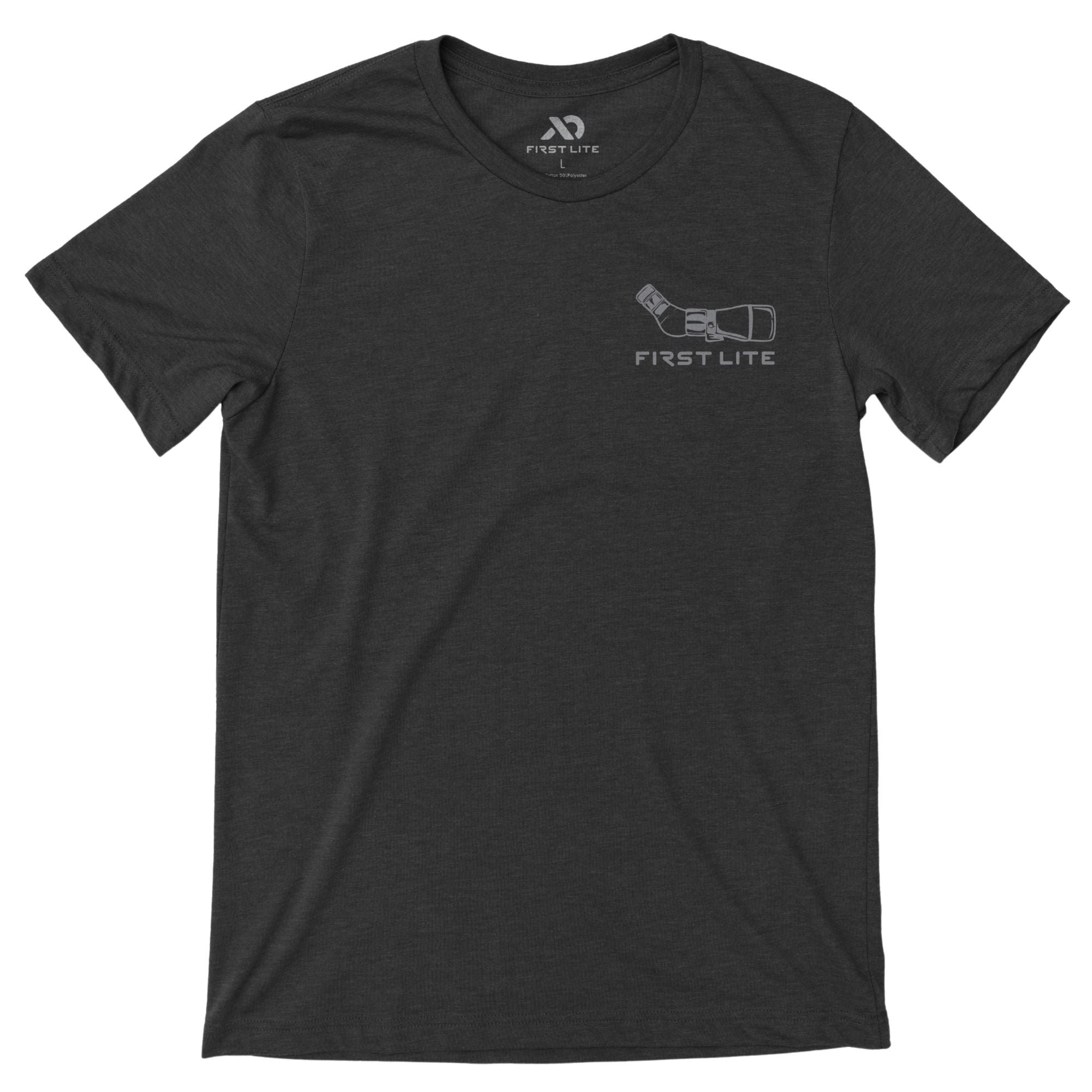 Dark gray t-shirt featuring a light gray graphic of a monocular above the text "FIRST LITE" on the front.