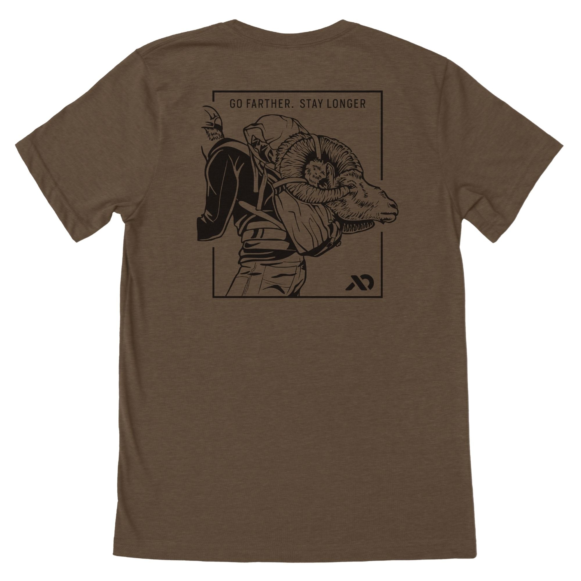 Heather brown t-shirt with a black graphic on the back: a framed illustration of a person carrying a bighorn ram, topped by the text 'GO FARTHER. STAY LONGER'.
