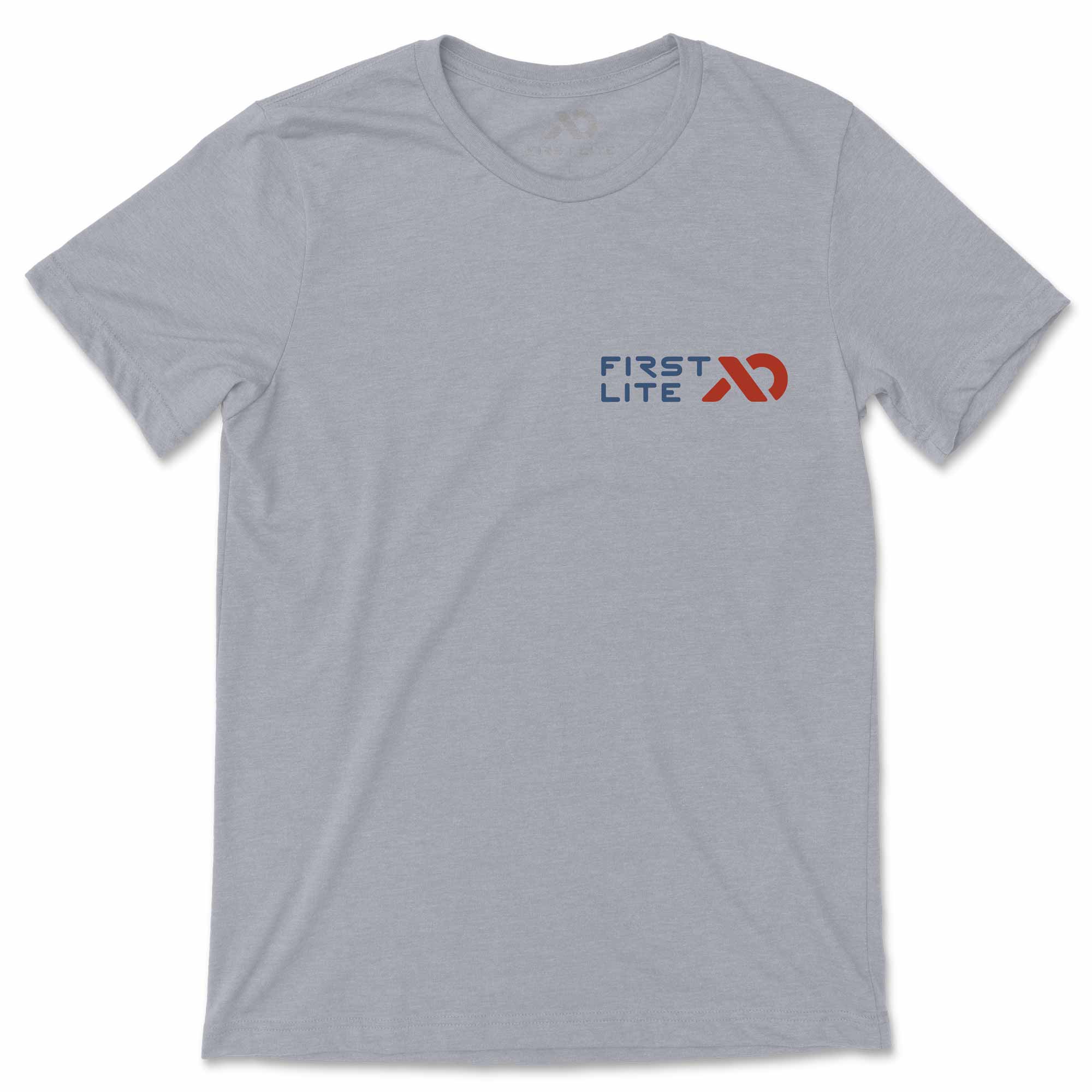 Gray t-shirt with 'First Lite' logo on a white background
