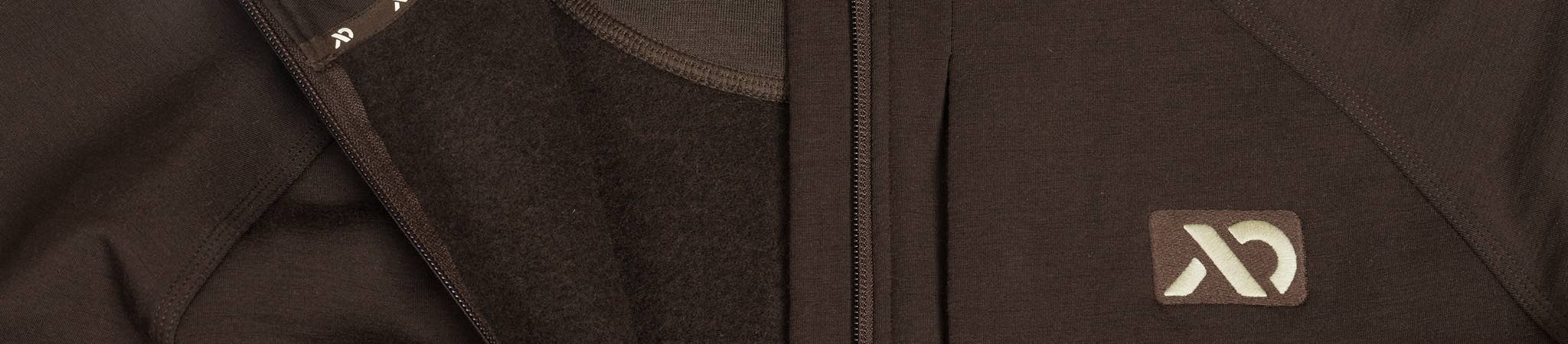 Dark brown zip-up jacket with fleece lining and embroidered logo.