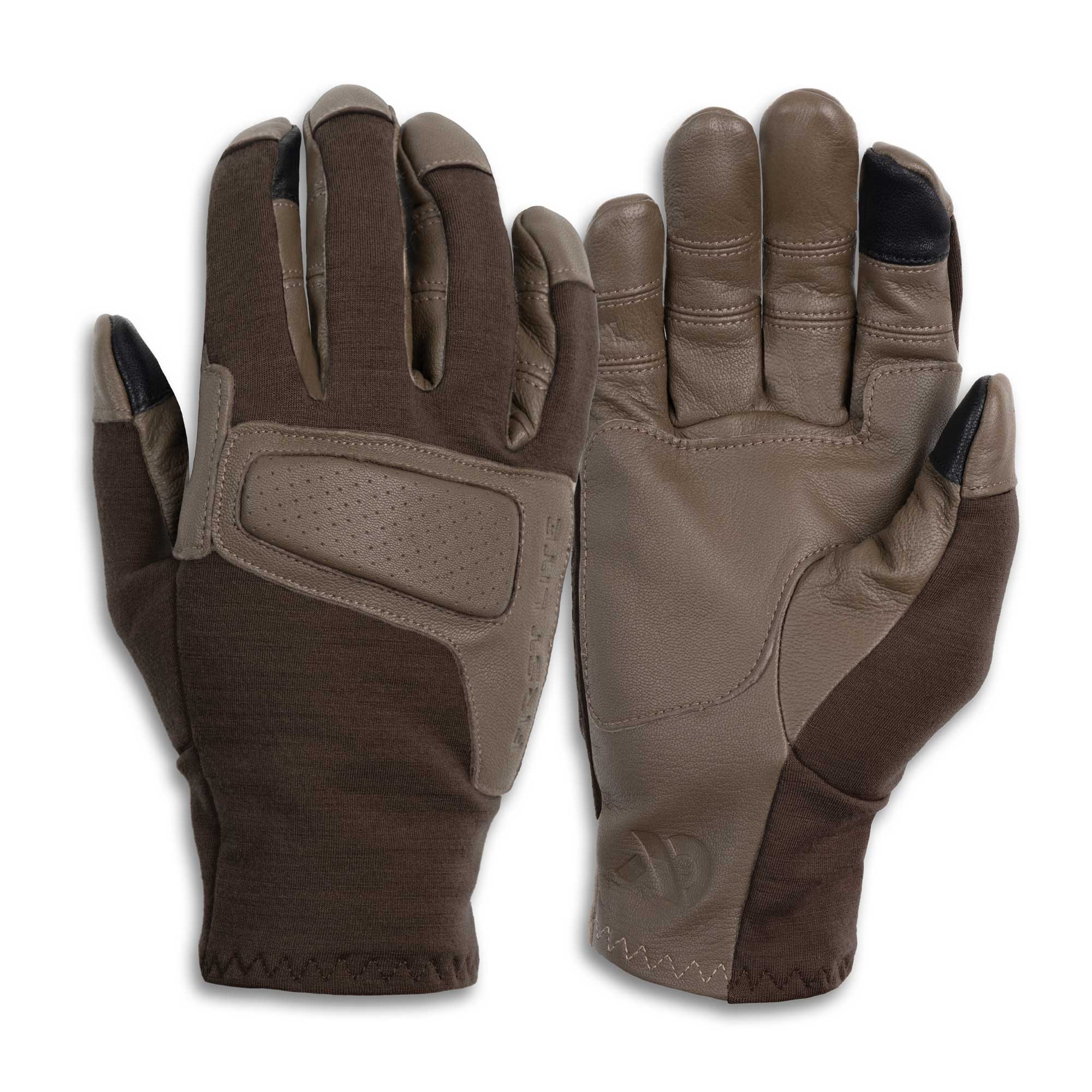 A pair of tactical gloves shown flat against a white background, with one glove displaying the palm side and the other showing the back side. The gloves feature a color-blocked design in dark brown and tan, with black accents on the fingertips.