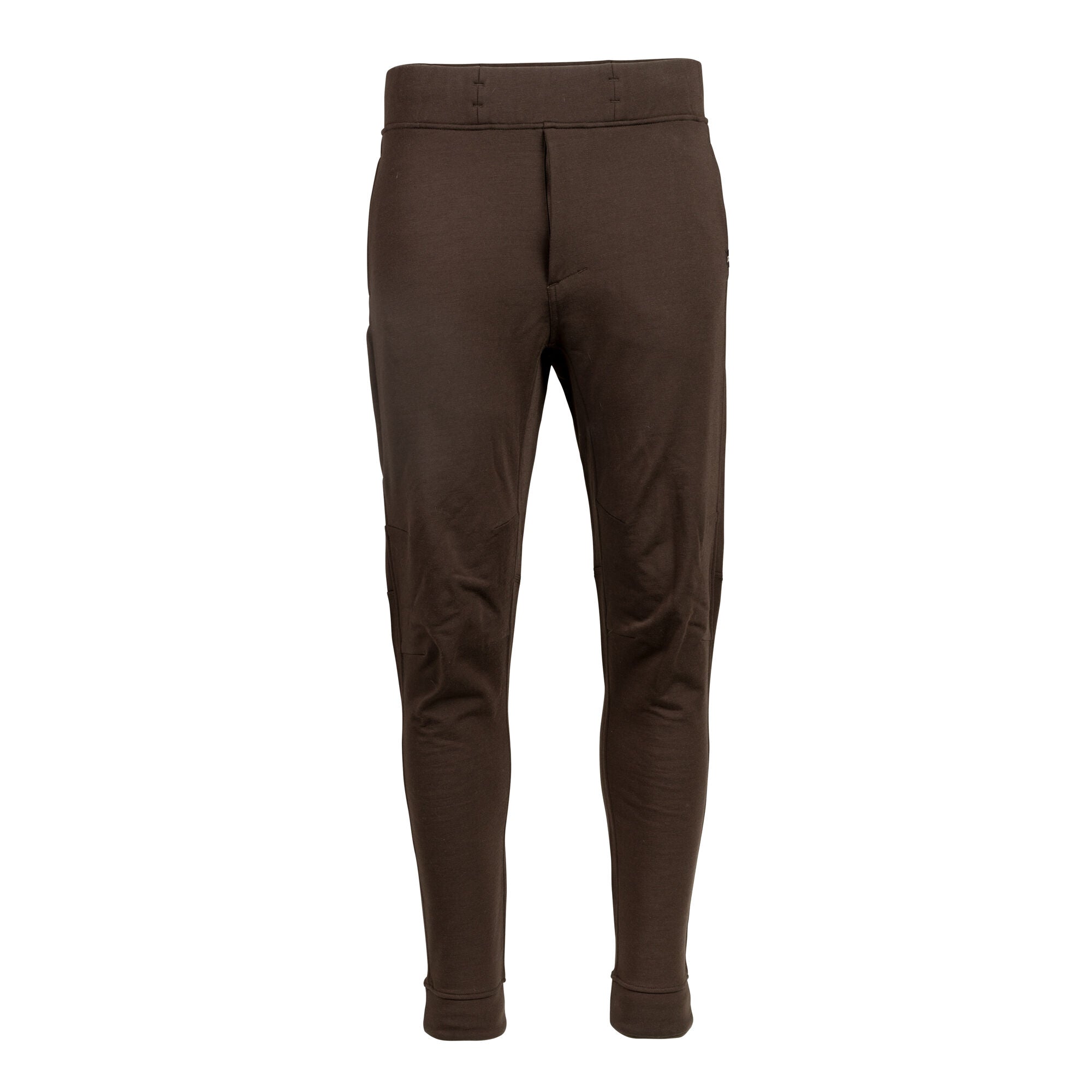 Dark brown men's joggers with an elastic waistband, a left thigh cargo pocket, and stirupp strapped ankles.