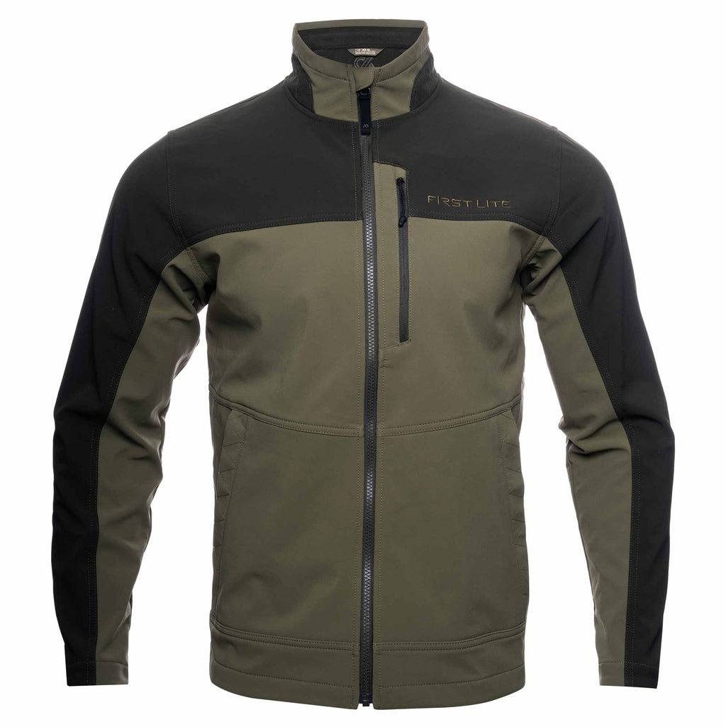 First Lite Scout Soft Shell Jacket — water-resistant polyester face with fleece lining, hoodless 2-way stretch