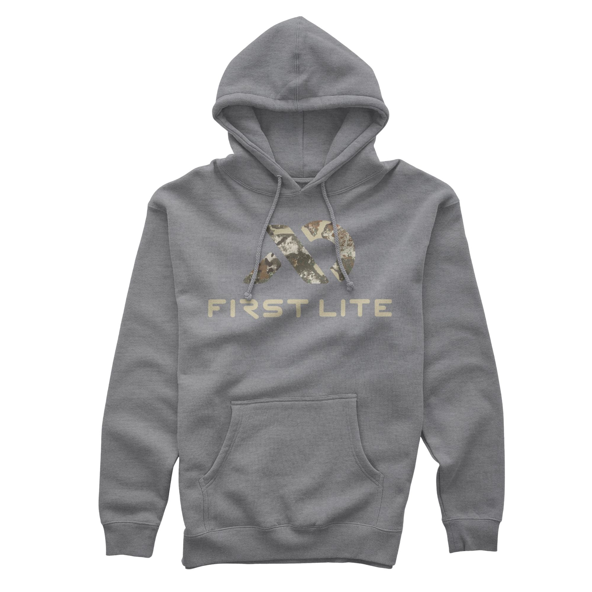 Grey hoodie featuring a camouflage stylized 'FL' logo above 'FIRST LITE' text on the chest.