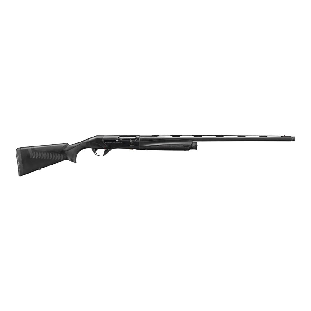 Black semi-automatic shotgun with textured synthetic stock and long barrel.