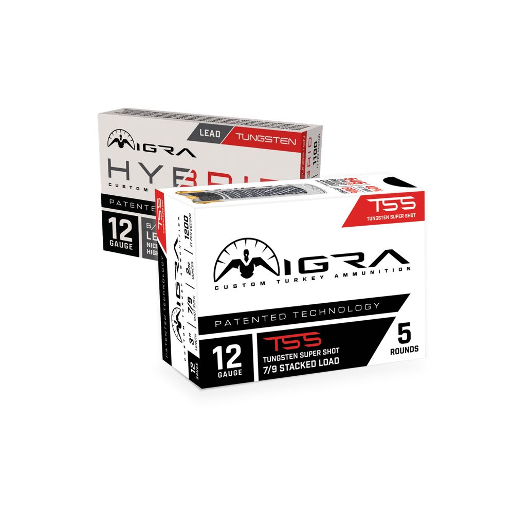 Two white ammunition boxes: AGRA TSS 12 Gauge Turkey Ammunition, and HYBRID Lead Tungsten.