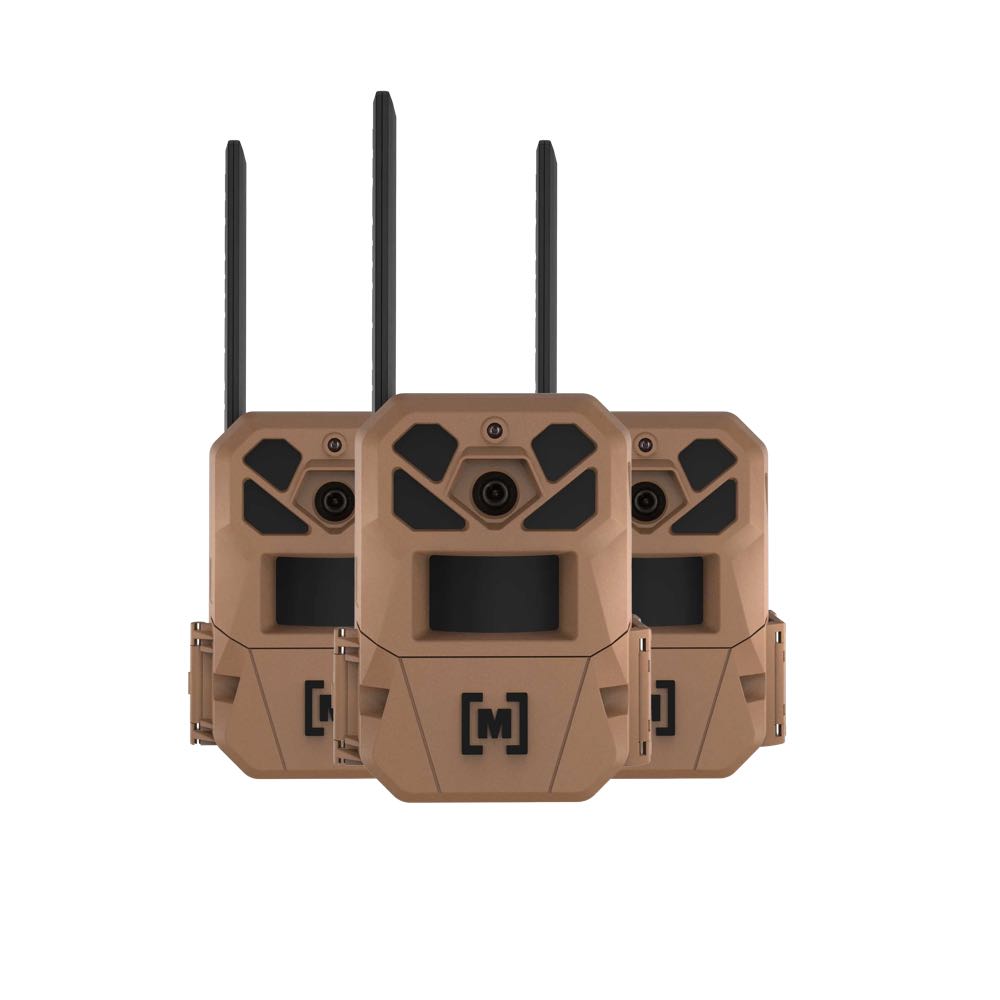 Three tan trail cameras with black lenses, screens, and antennas.
