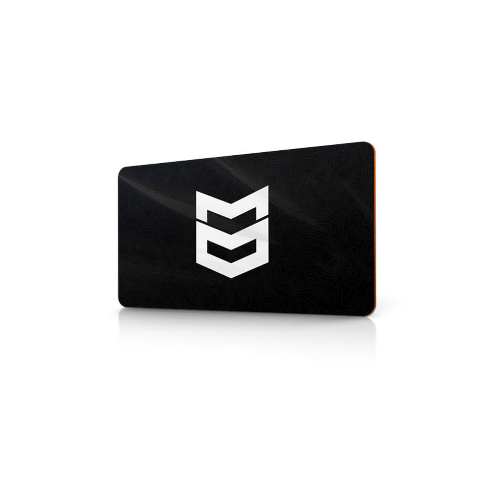 Black card with white chevron logo, topographic pattern, and orange side edge.