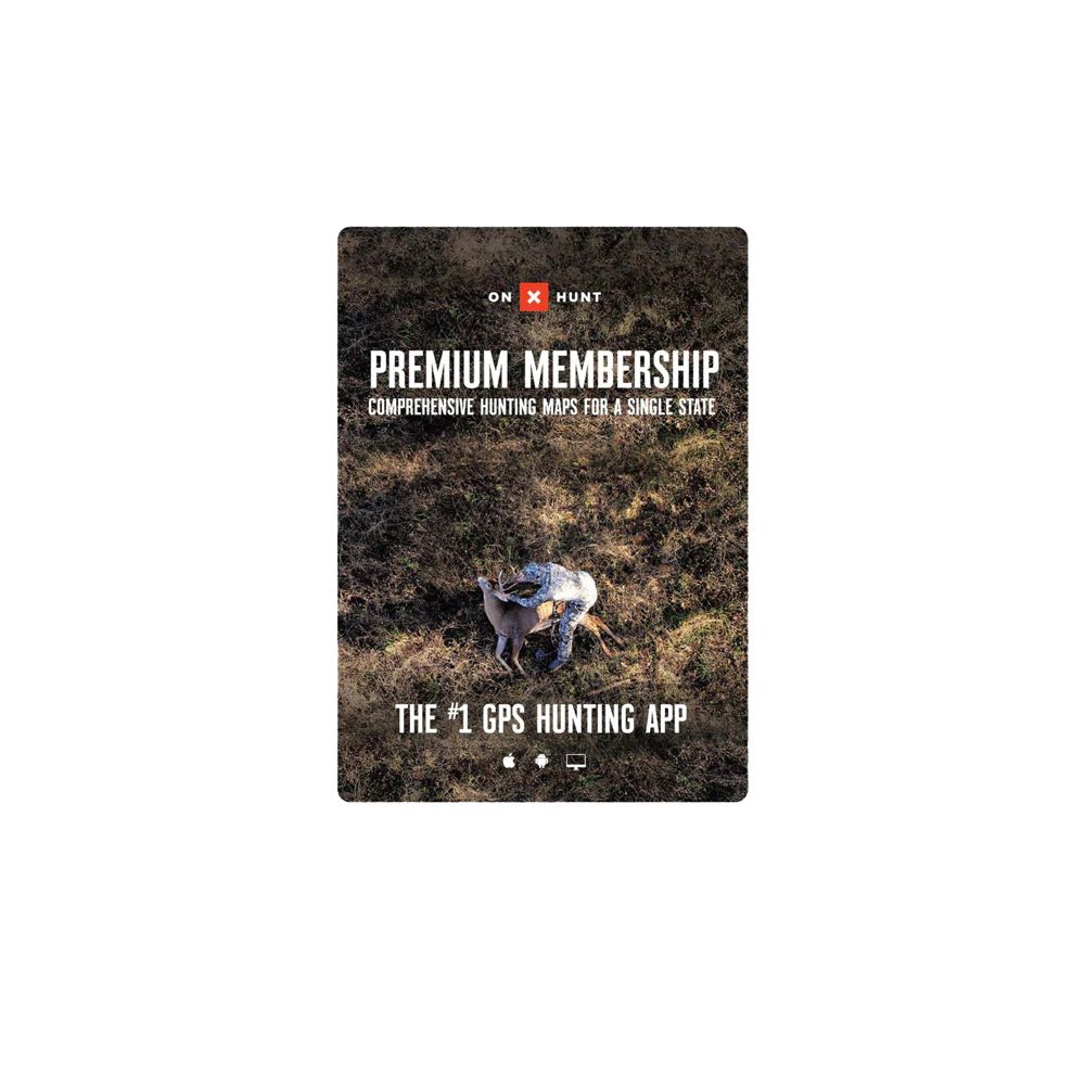 OnX Hunt Premium Membership cover. Features hunter with deer, text: Comprehensive Hunting Maps, #1 GPS App.
