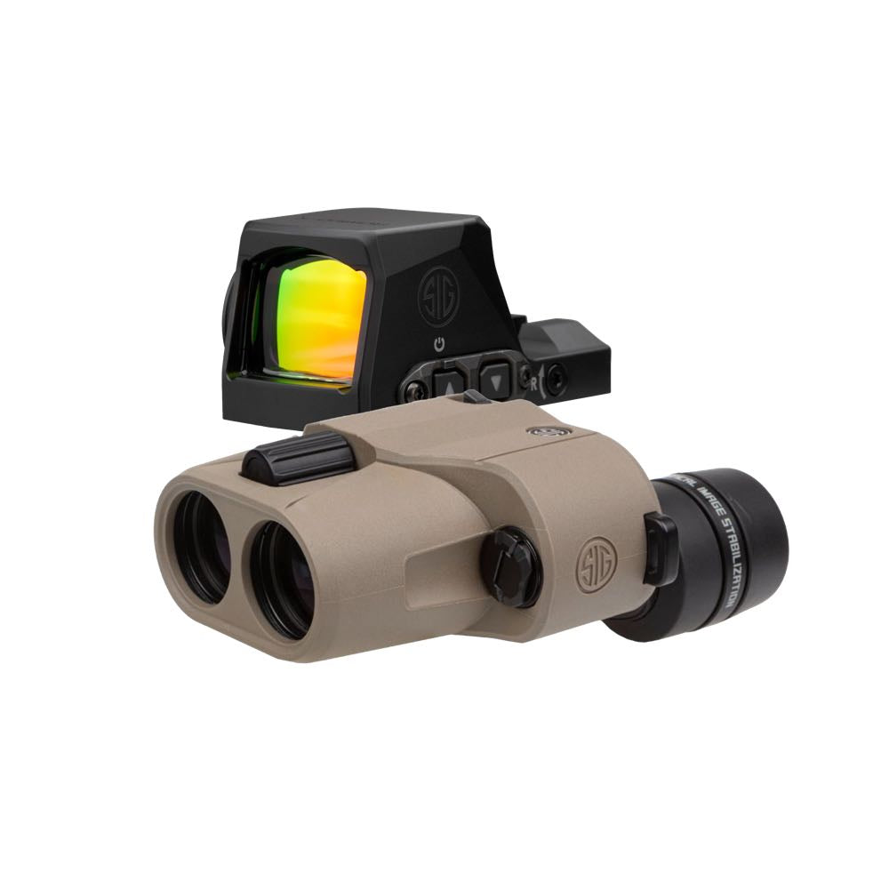 Black Sig Sauer reflex sight and tan Sig Sauer image-stabilized rangefinder.
