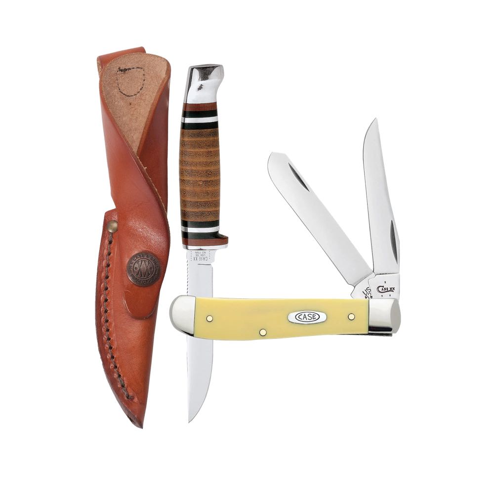 Brown fixed blade knife with leather sheath, yellow Case 2-blade folding knife open.